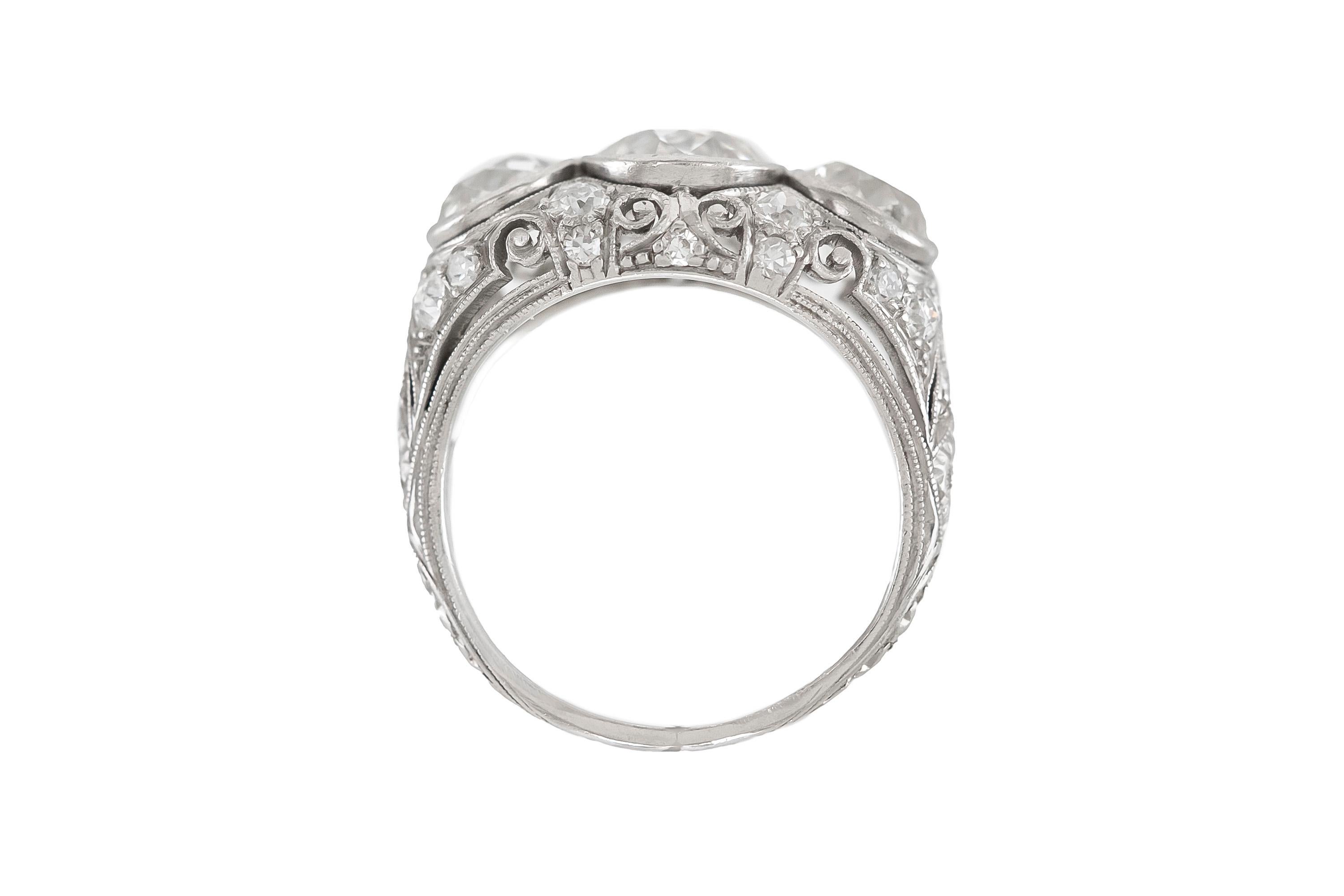 Old European Cut Art Deco Three Stone 3.30 Carat Diamond Engagement Ring