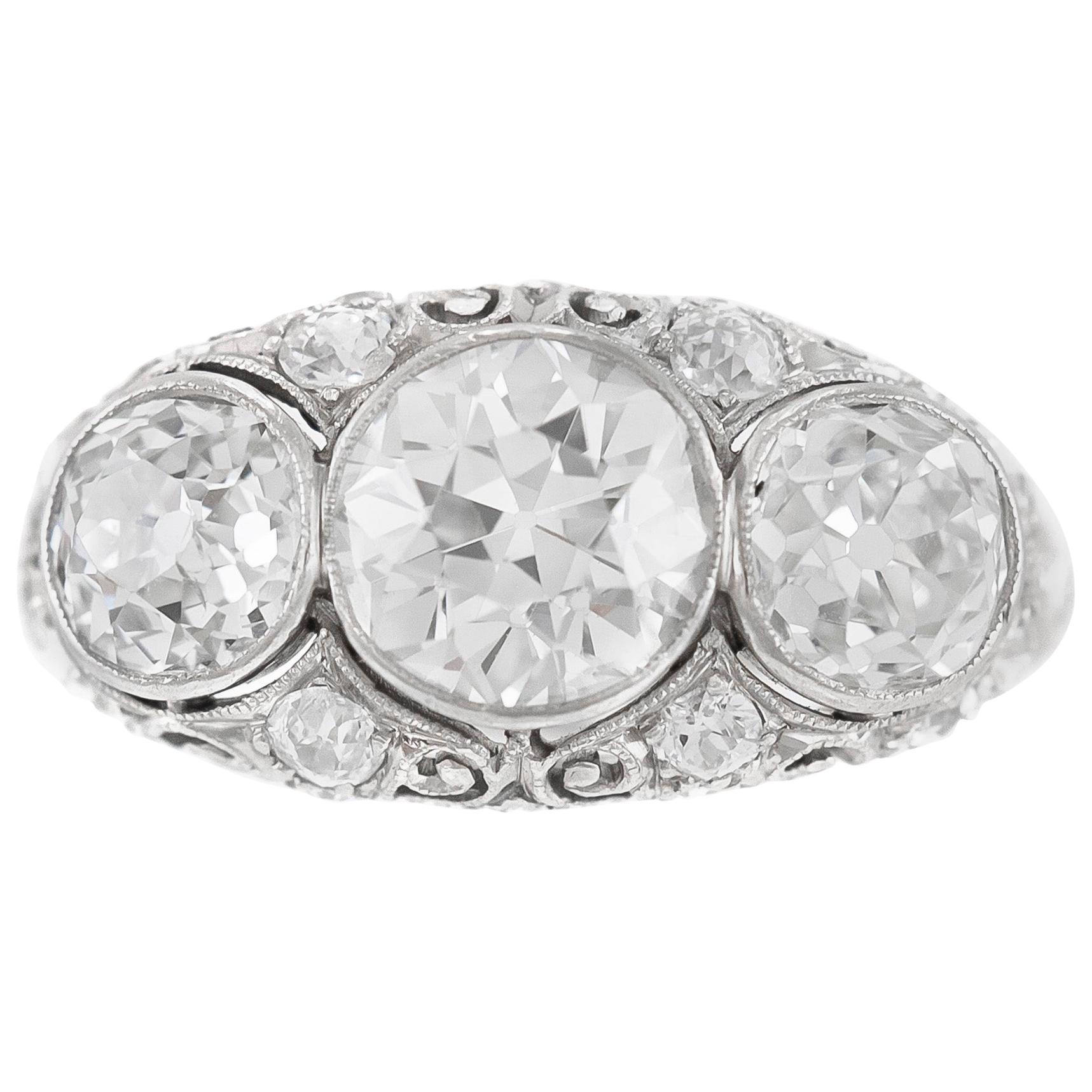 Art Deco Three Stone 3.30 Carat Diamond Engagement Ring