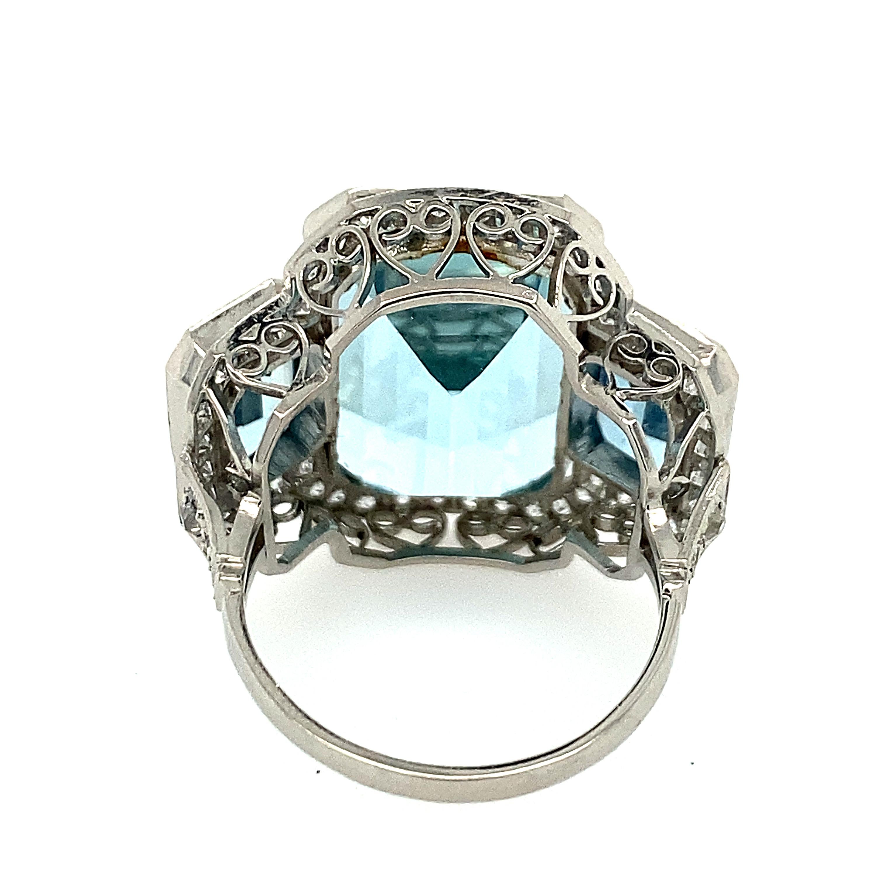 Emerald Cut Art Deco Style Three Stone Aquamarine and Diamond Ring