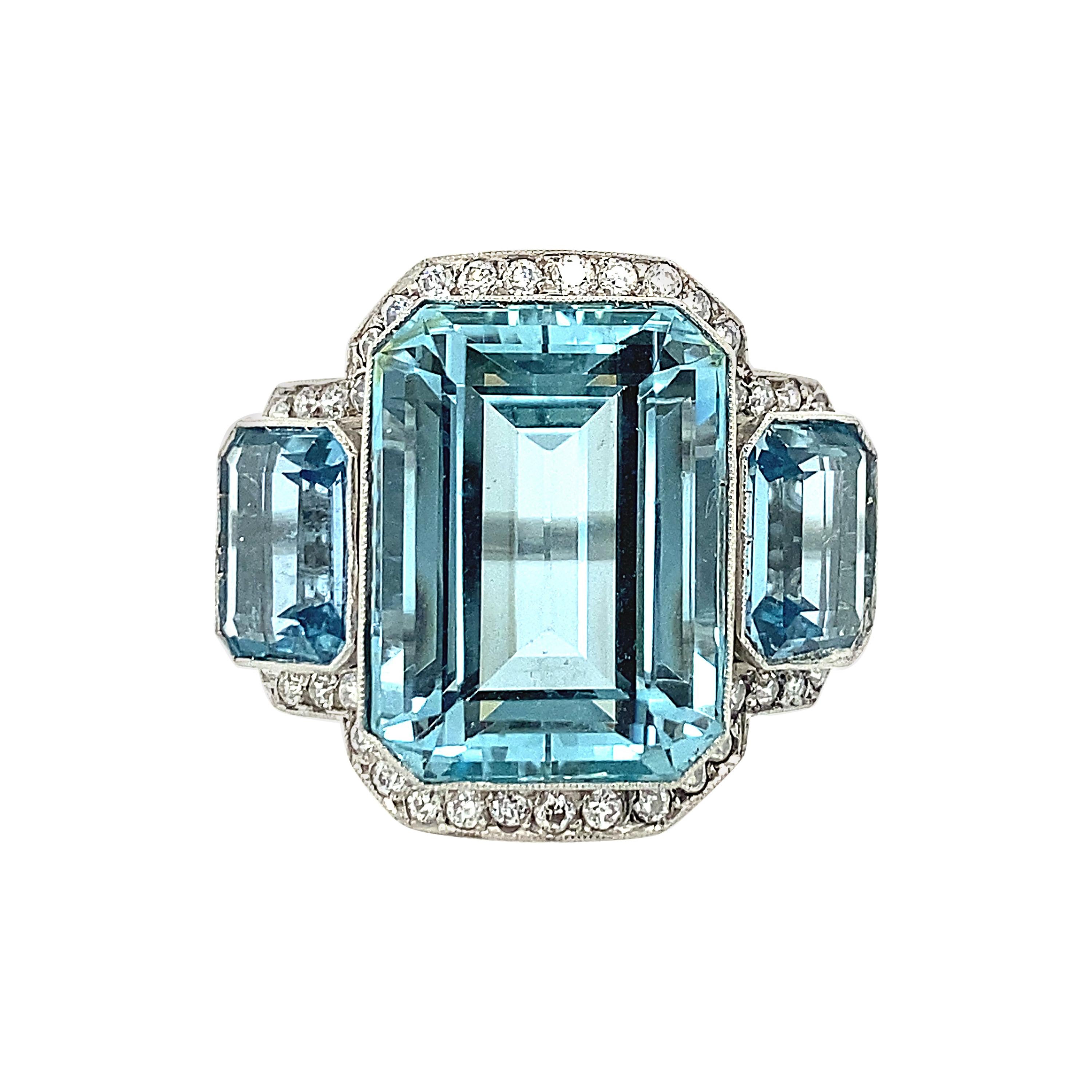 Art Deco Style Three Stone Aquamarine and Diamond Ring