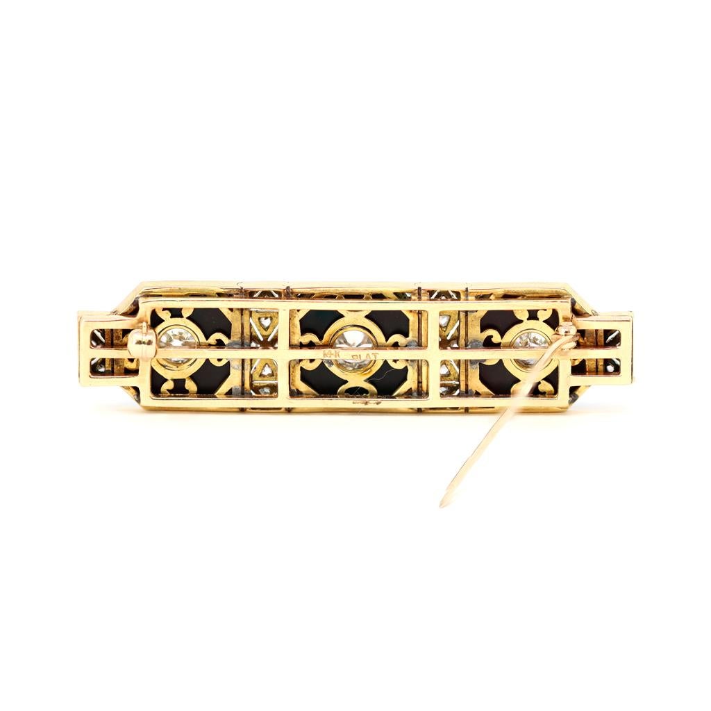 Art Deco Three-Stone Brooch with Diamonds Onyx Set in Platinum and 14 Karat Gold In Good Condition For Sale In Miami, FL