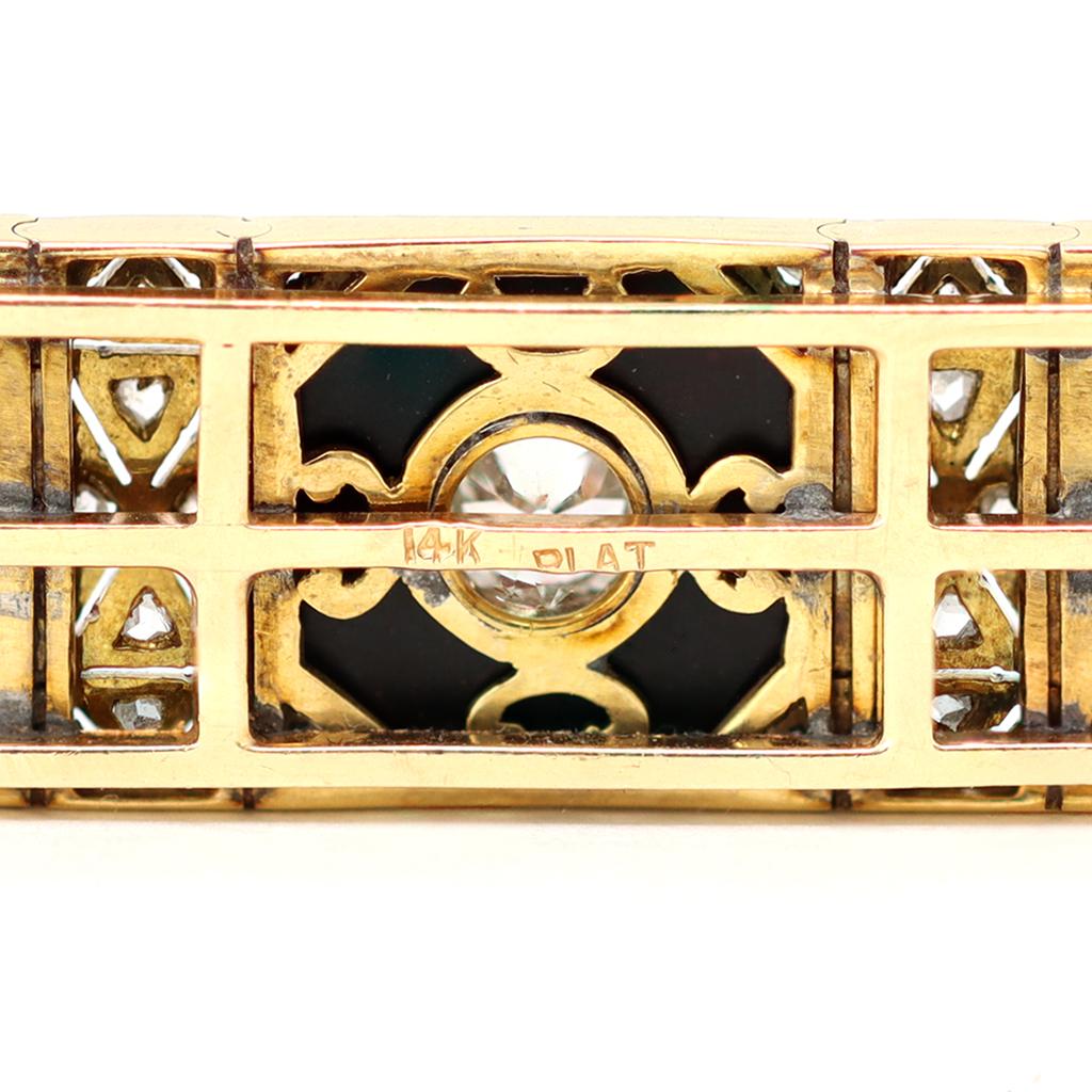 Art Deco Three-Stone Brooch with Diamonds Onyx Set in Platinum and 14 Karat Gold For Sale 1