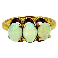 Art Deco Three Stone Cabochon Opal 14K Yellow Gold Ring