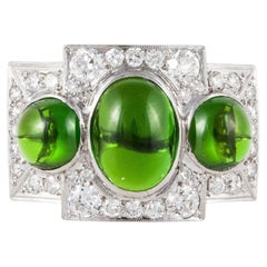 Art Deco Three-Stone Chrome Diopside and Diamond Ring in Platinum