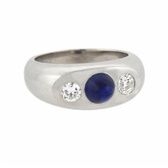 Art Deco Three-Stone Diamond and Bullet Cabochon Sapphire Ring