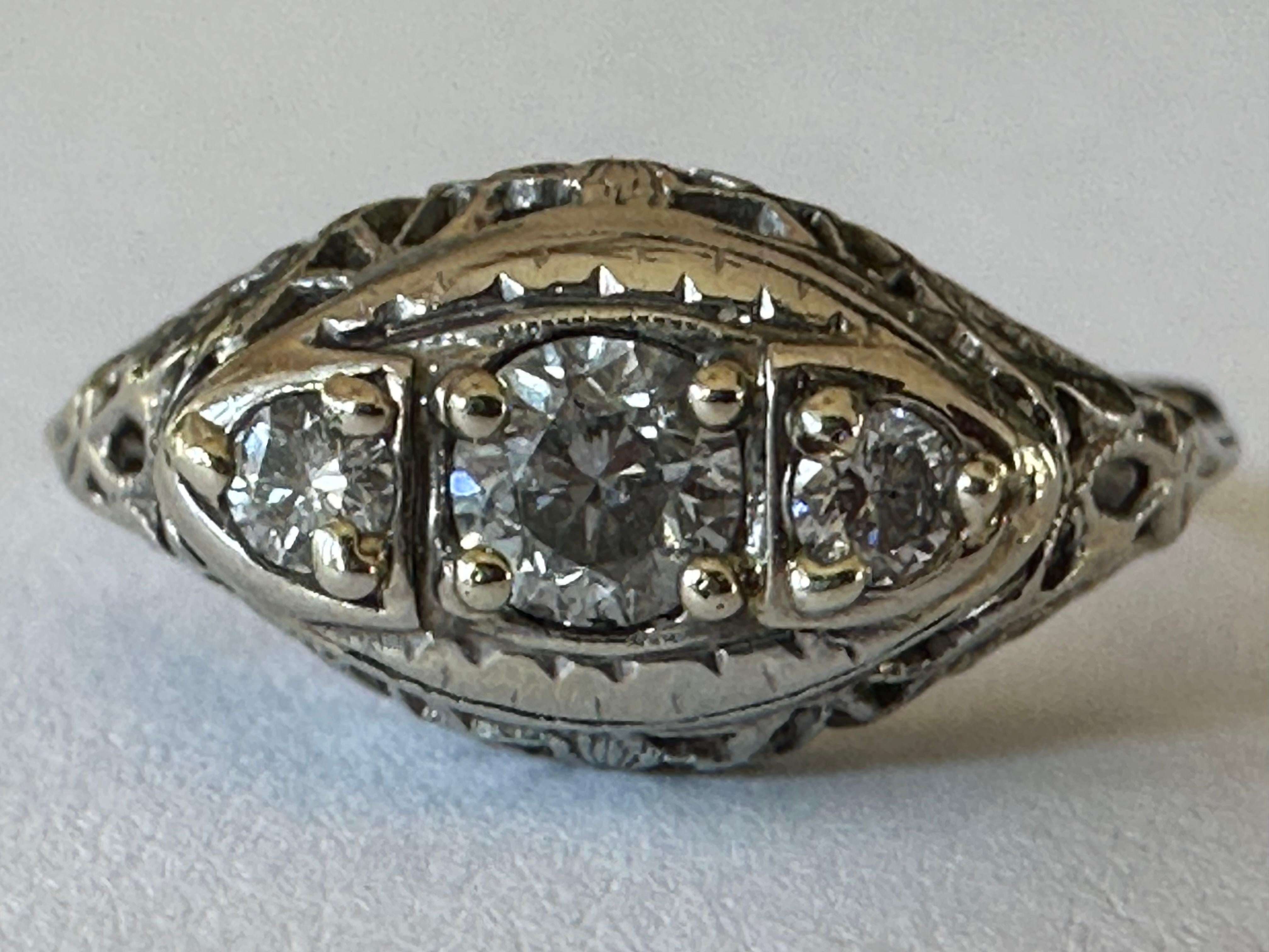 Old European Cut Art Deco Three-Stone Diamond and Filigree Ring  For Sale