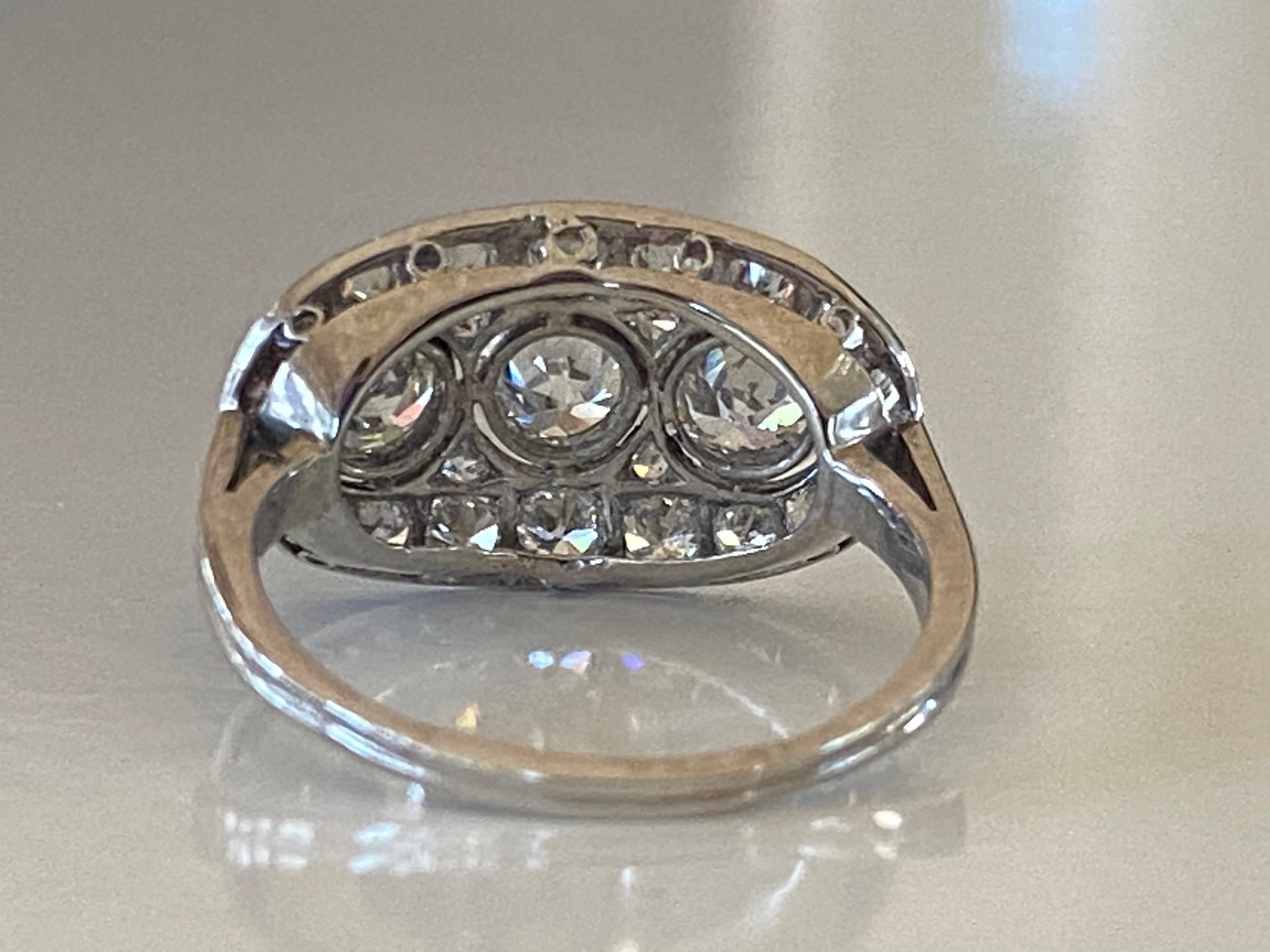 Old European Cut Art Deco Three-Stone Diamond Cluster Ring For Sale