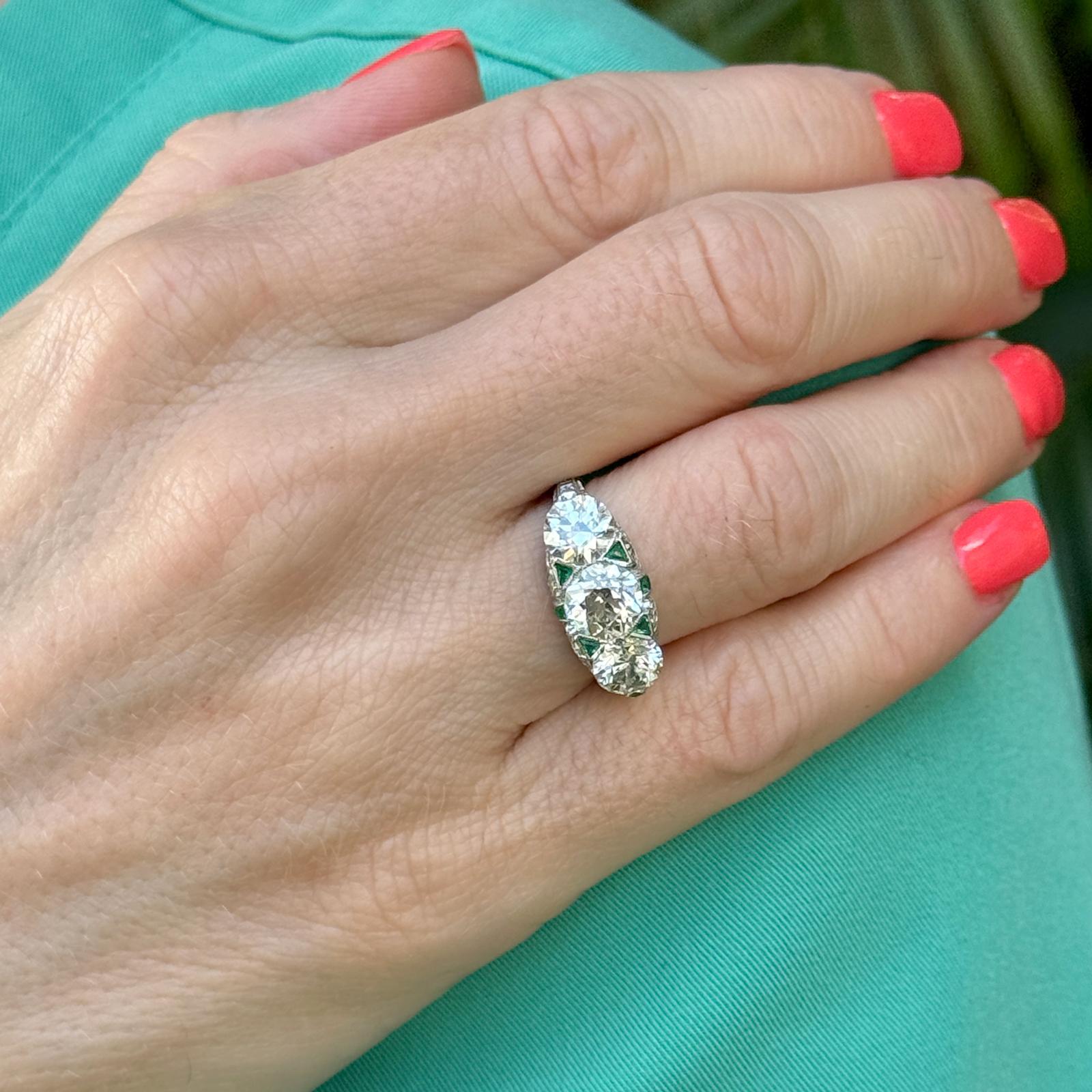 Old European Cut Art Deco Three Stone Diamond Emerald Accent Platinum Ring