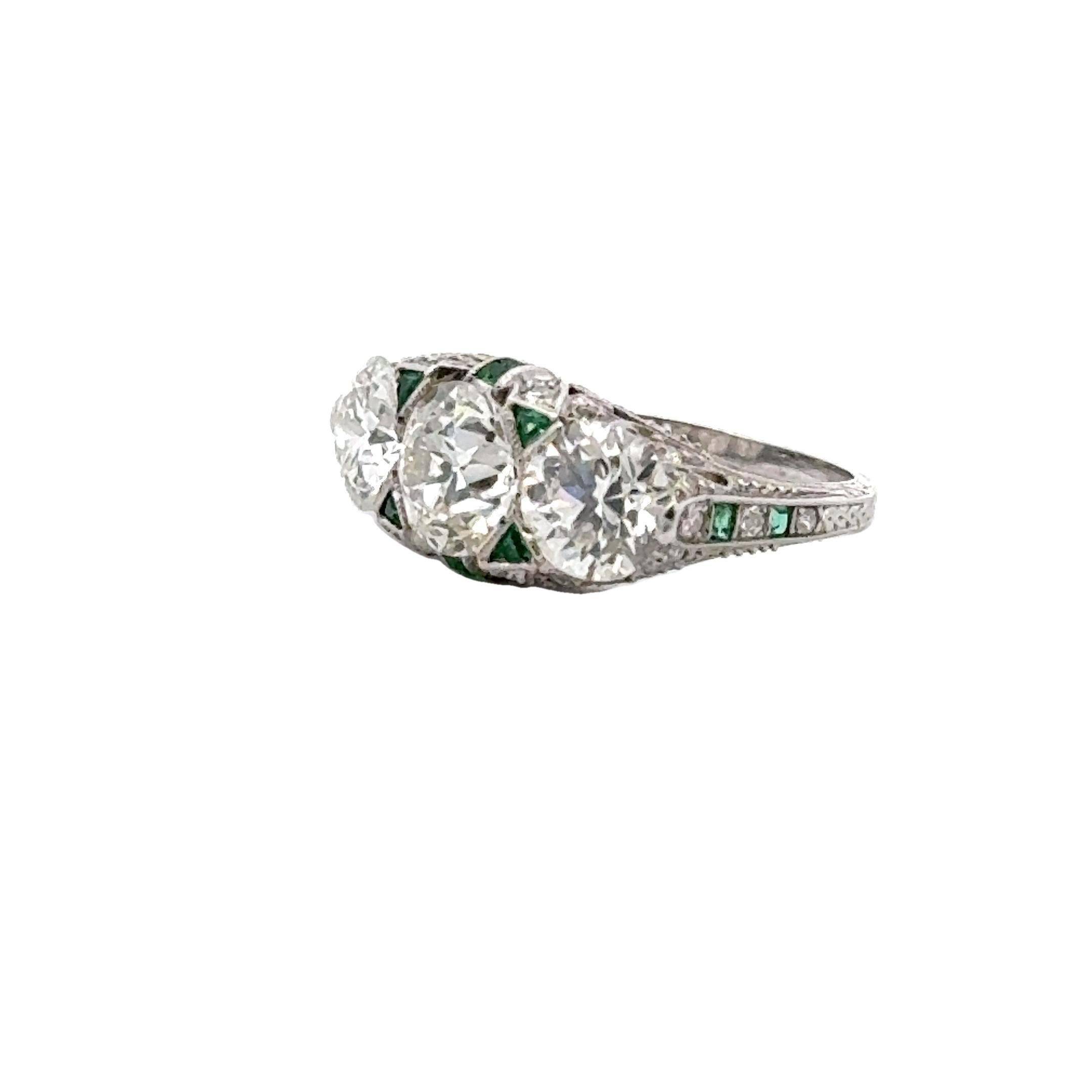 Art Deco Three Stone Diamond Emerald Accent Platinum Ring 2