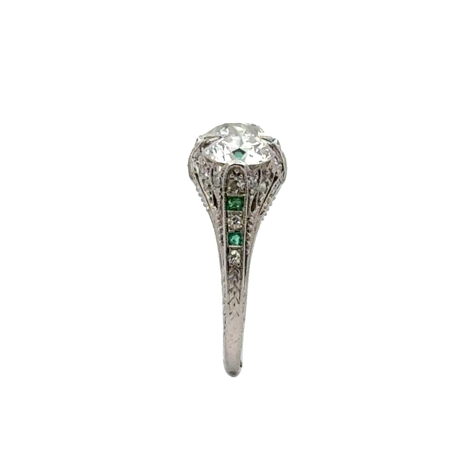 Art Deco Three Stone Diamond Emerald Accent Platinum Ring 3