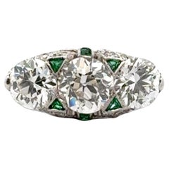 Art Deco Three Stone Diamond Emerald Accent Platinum Ring