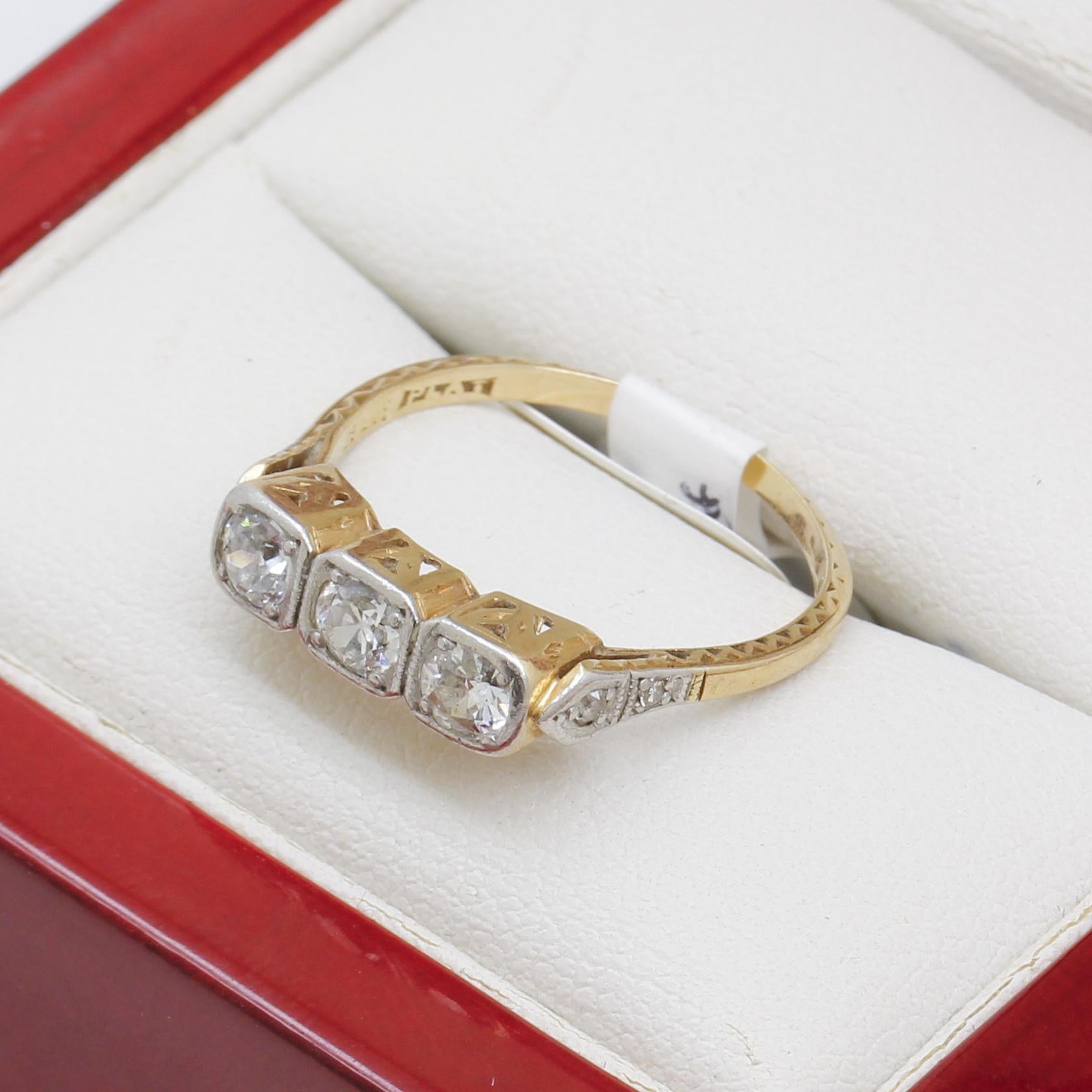 Old European Cut Art Deco Three Stone Diamond Engagement Ring For Sale