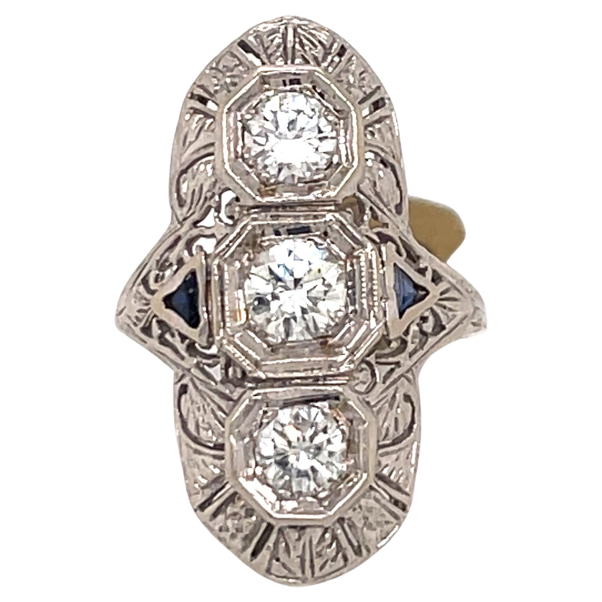 Art Deco Three Stone Diamond Filigree Ring 1 Carat 14 Karat White Gold 5.1 Grams