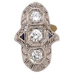 Art Deco Three Stone Diamond Filigree Ring 1 Carat 14 Karat White Gold 5.1 Grams