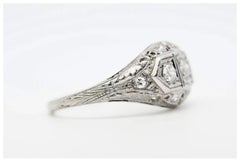 Art Deco Three Stone Diamond Filigree Ring in Platinum, 19K White Gold