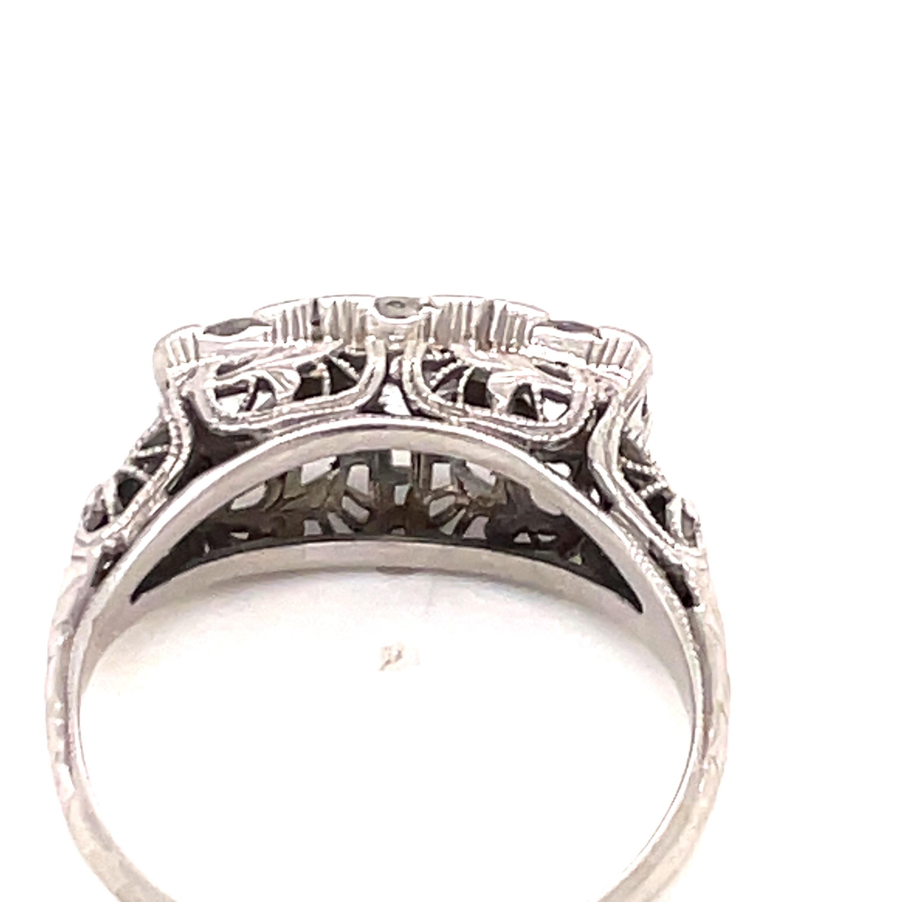 Art Deco Three Stone Diamond Ring 1.44 Carats 18 Karat White Gold 3.6 Grams 7