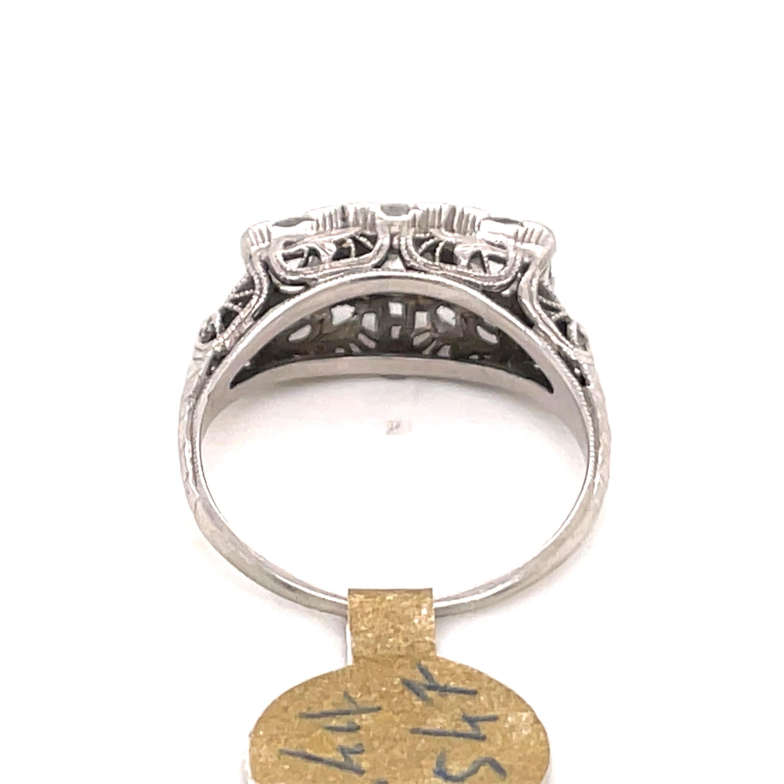 Art Deco Three Stone Diamond Ring 1.44 Carats 18 Karat White Gold 3.6 Grams 8