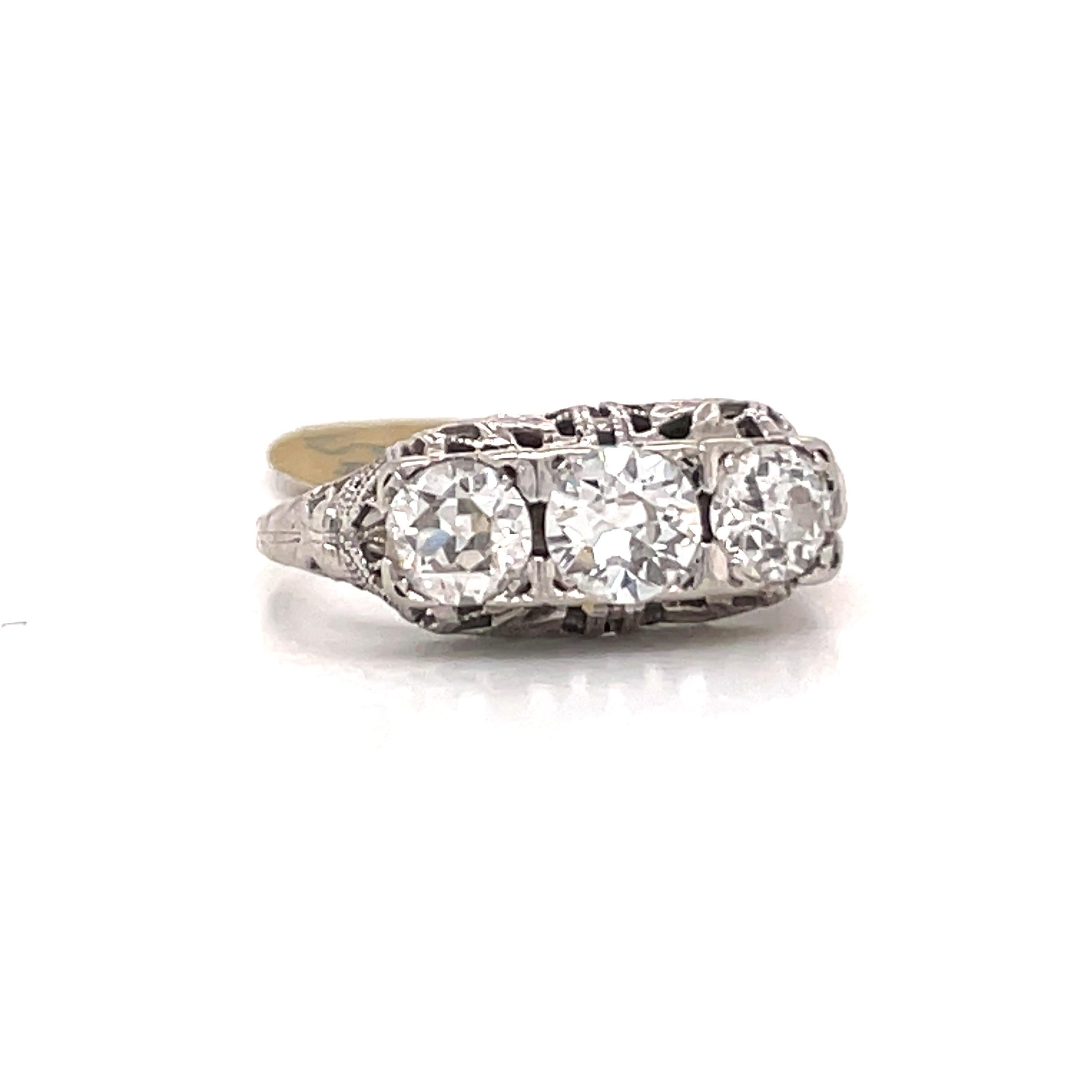 Art Deco Three Stone Diamond Ring 1.44 Carats 18 Karat White Gold 3.6 Grams 2