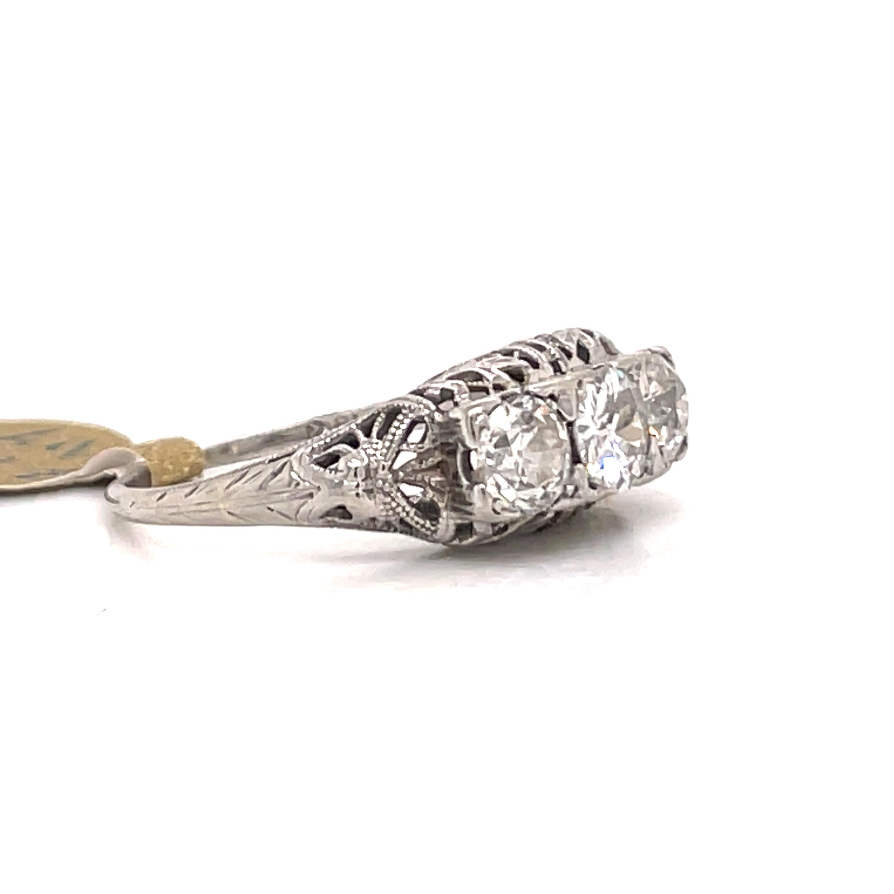 Art Deco Three Stone Diamond Ring 1.44 Carats 18 Karat White Gold 3.6 Grams 4