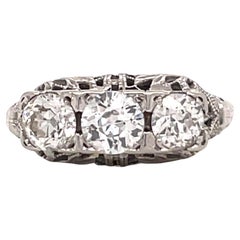 Art Deco Three Stone Diamond Ring 1.44 Carats 18 Karat White Gold 3.6 Grams