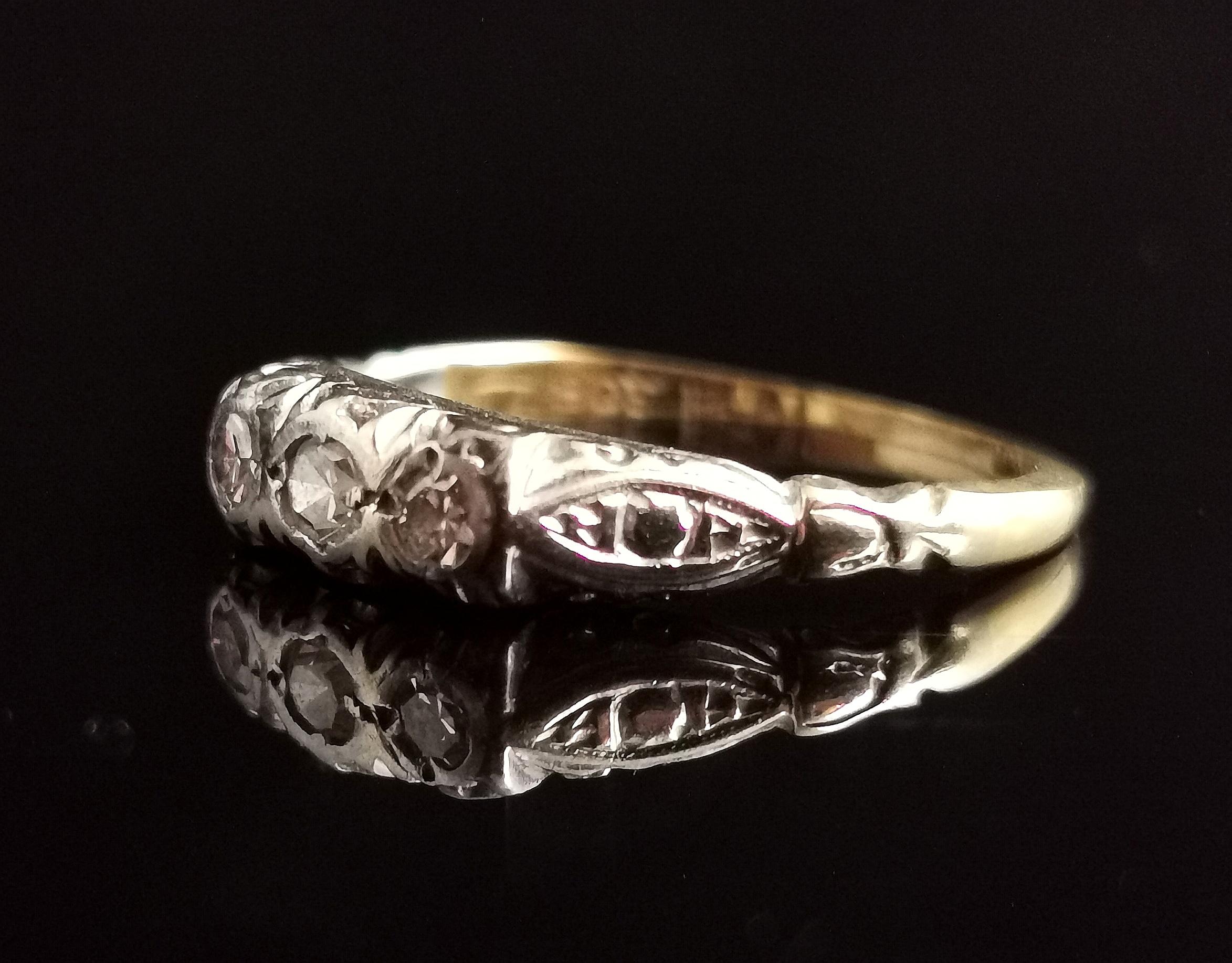 Single Cut Art Deco Three Stone Diamond Ring, 18 Karat Yellow Gold and Platinum 
