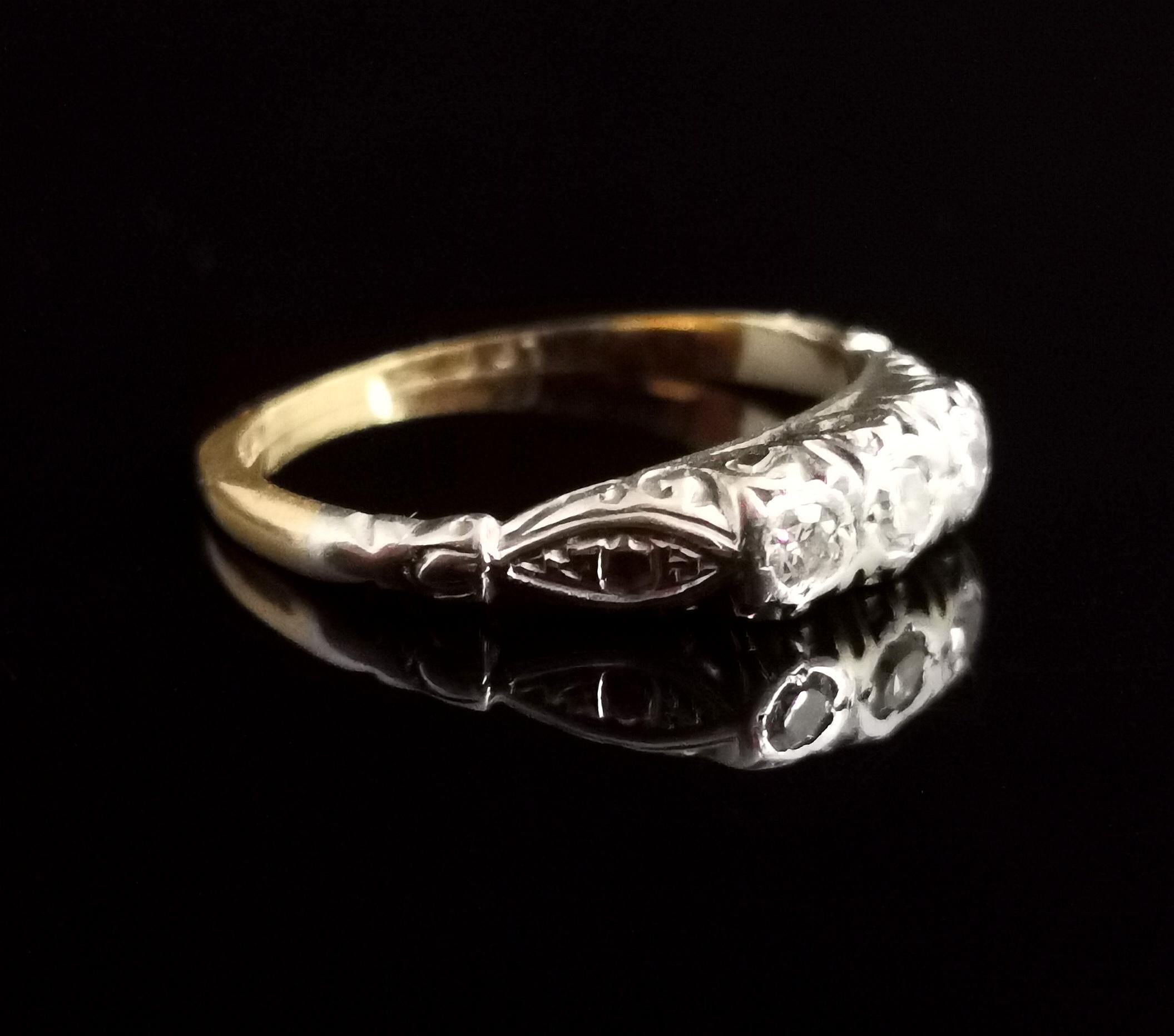 Women's Art Deco Three Stone Diamond Ring, 18 Karat Yellow Gold and Platinum 