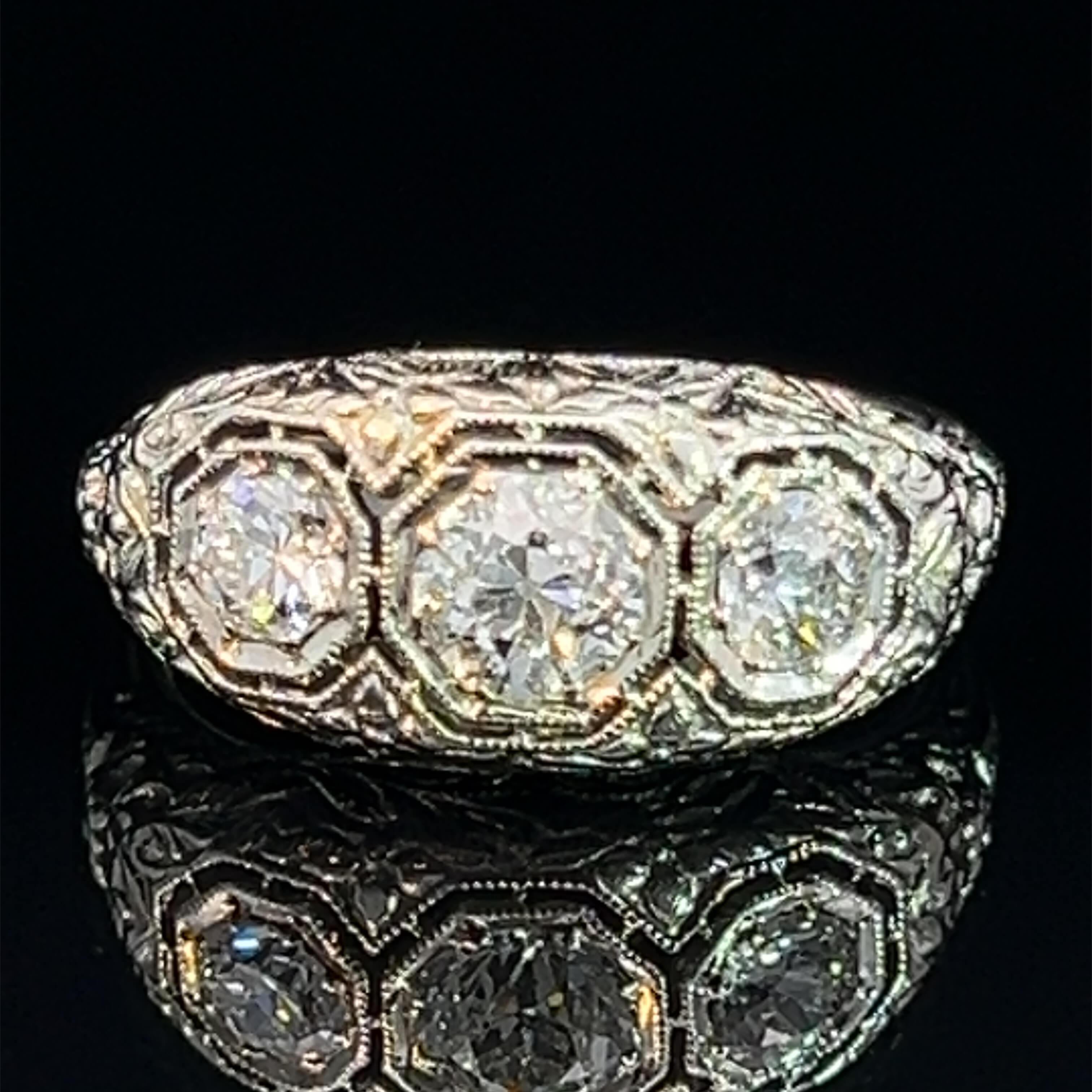 Old European Cut Art Deco Three Stone Diamond Ring Circa 1930s For Sale