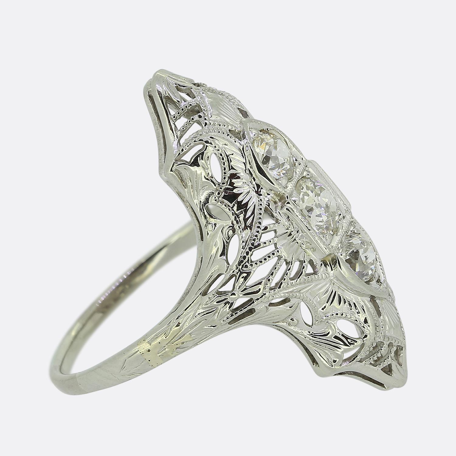 Old Mine Cut Art Deco Three-Stone Diamond Ring For Sale