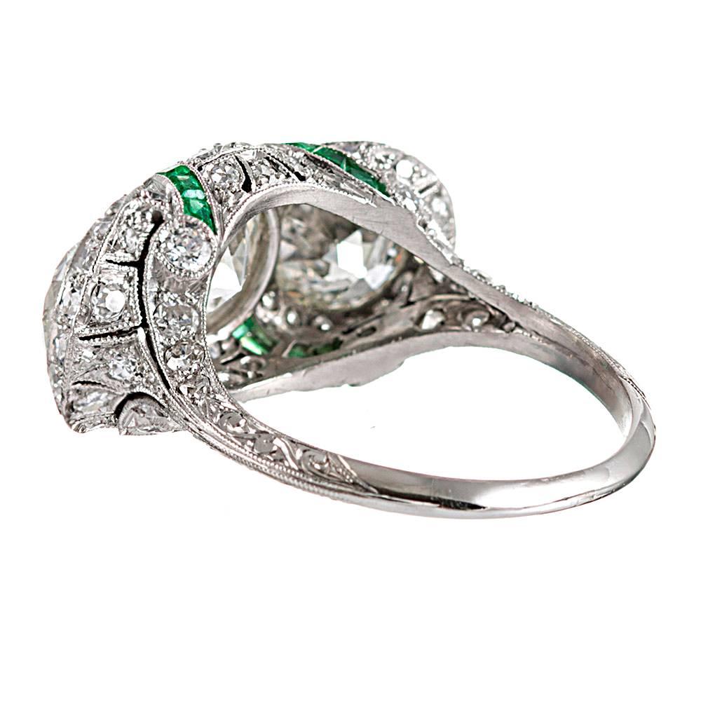 Art Deco Three-Stone Diamond Ring with Emeralds In Excellent Condition In Carmel-by-the-Sea, CA