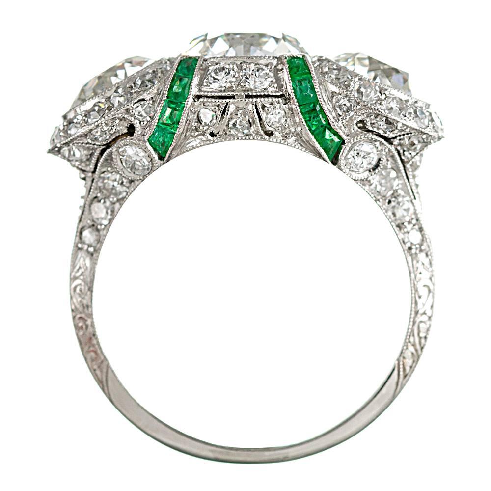 Women's Art Deco Three-Stone Diamond Ring with Emeralds