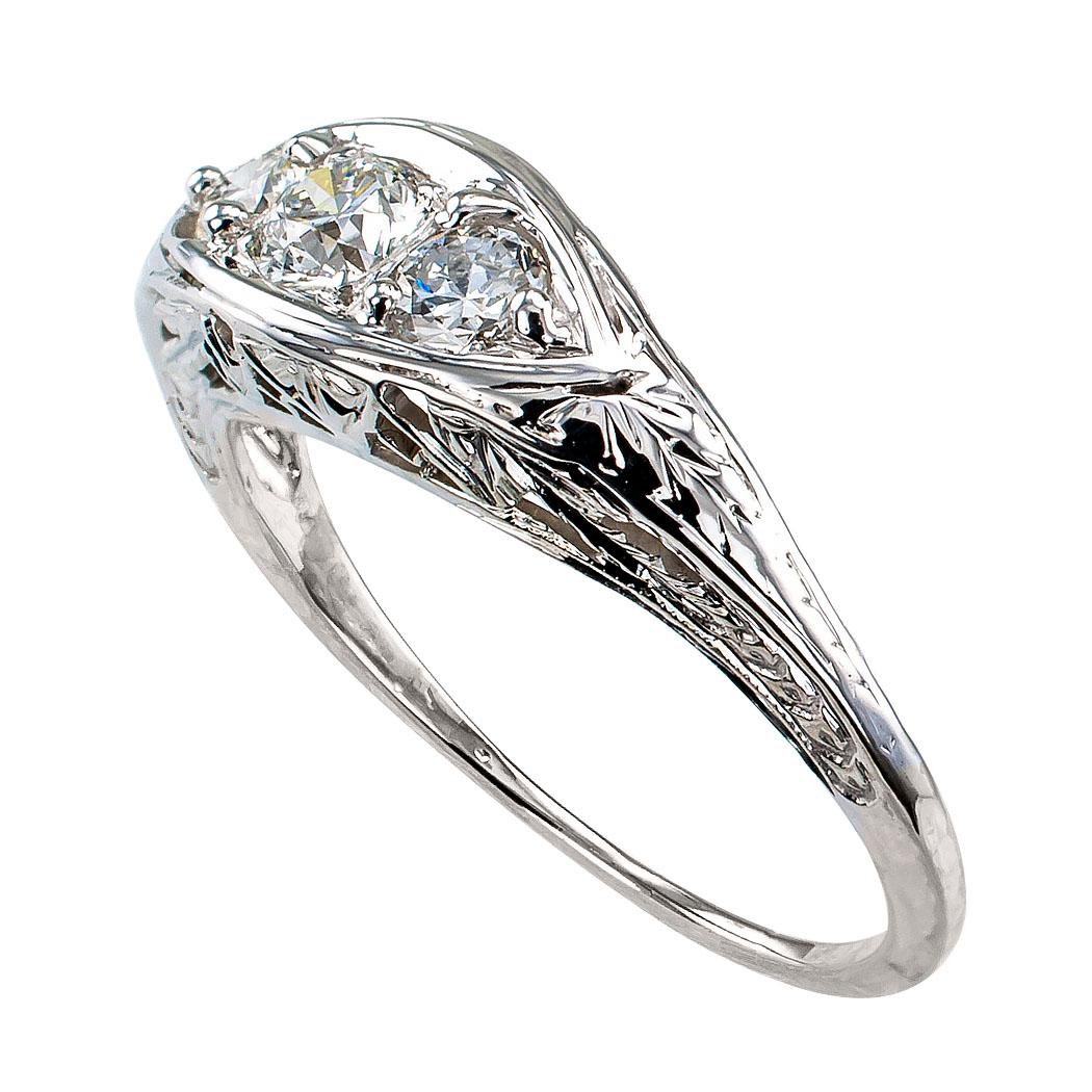 Round Cut Art Deco Three-Stone Diamond White Gold Ring