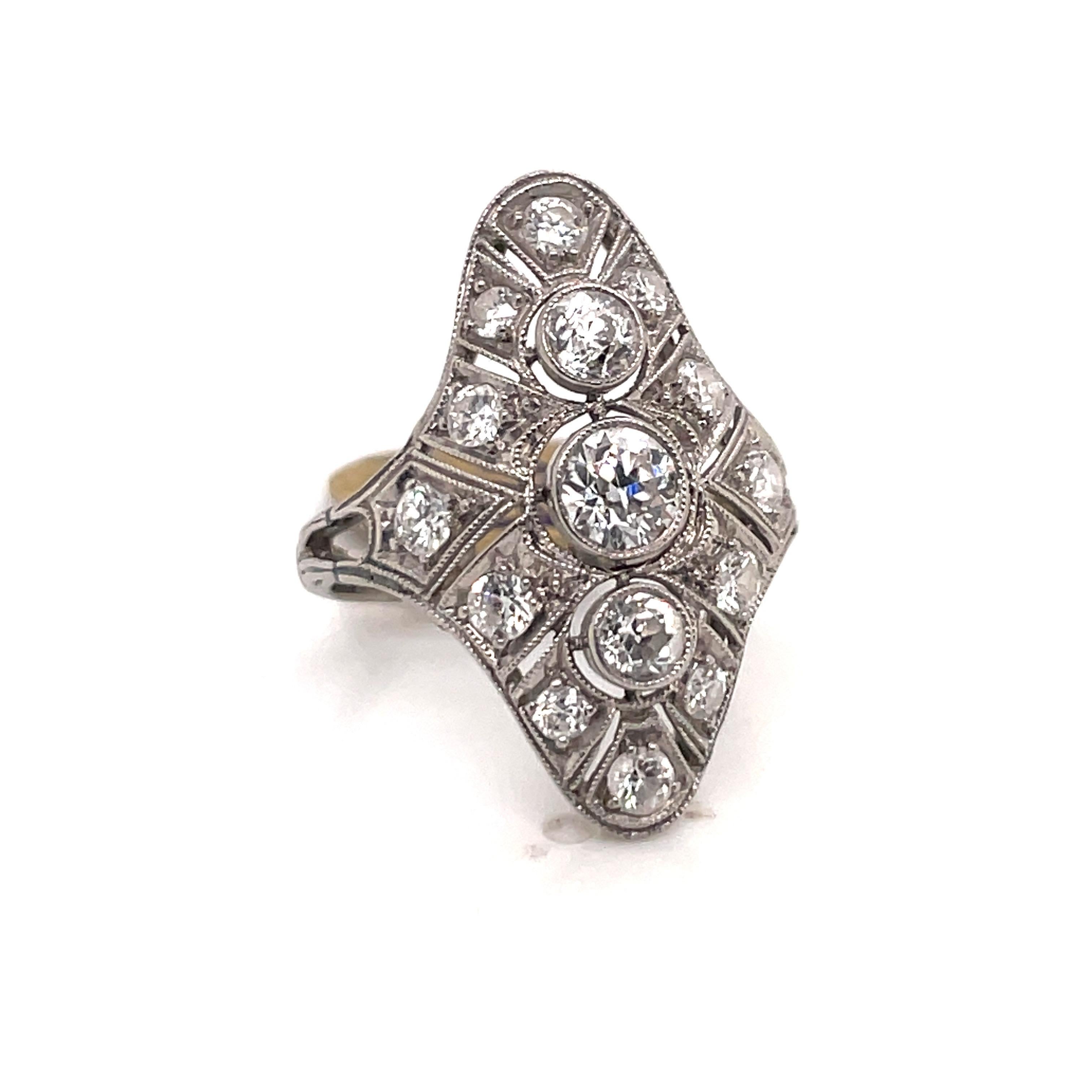 Round Cut Art Deco Three Stone Filigree Ring 1.20 Carats Platinum 4.2 Grams For Sale