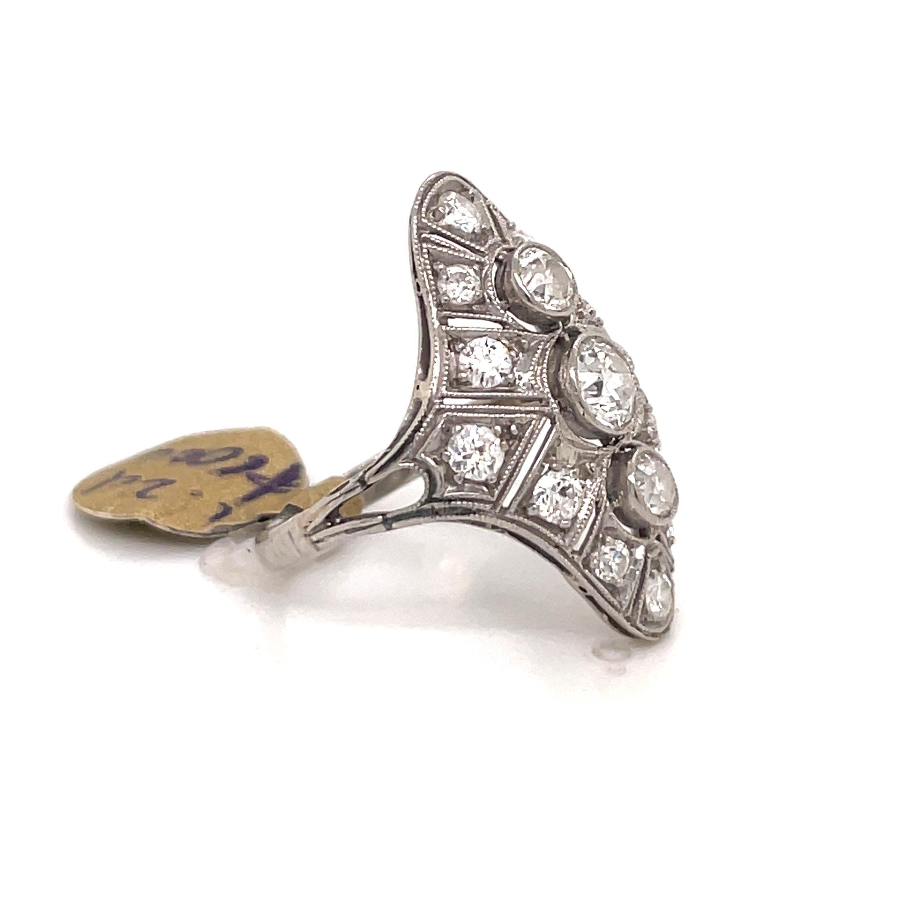 Art Deco Three Stone Filigree Ring 1.20 Carats Platinum 4.2 Grams For Sale 1