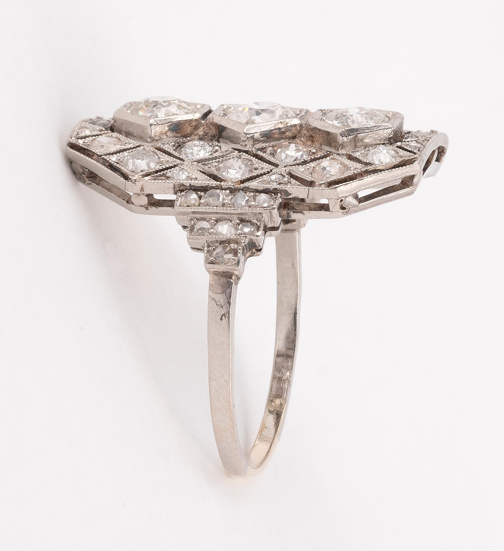 Old European Cut Art Deco Three-Stone Old European Diamond Engagement Ring