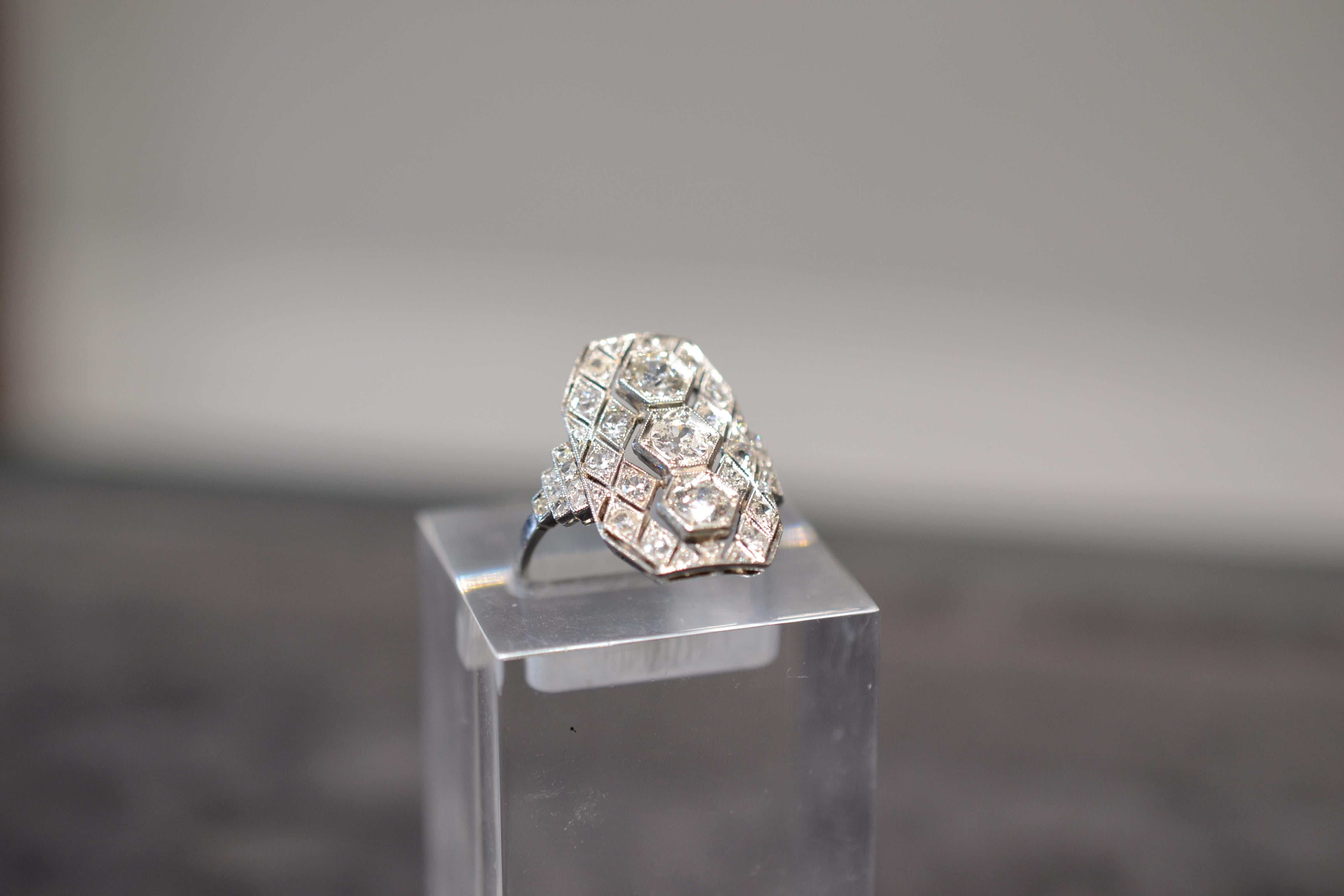 Women's or Men's Art Deco Three-Stone Old European Diamond Engagement Ring