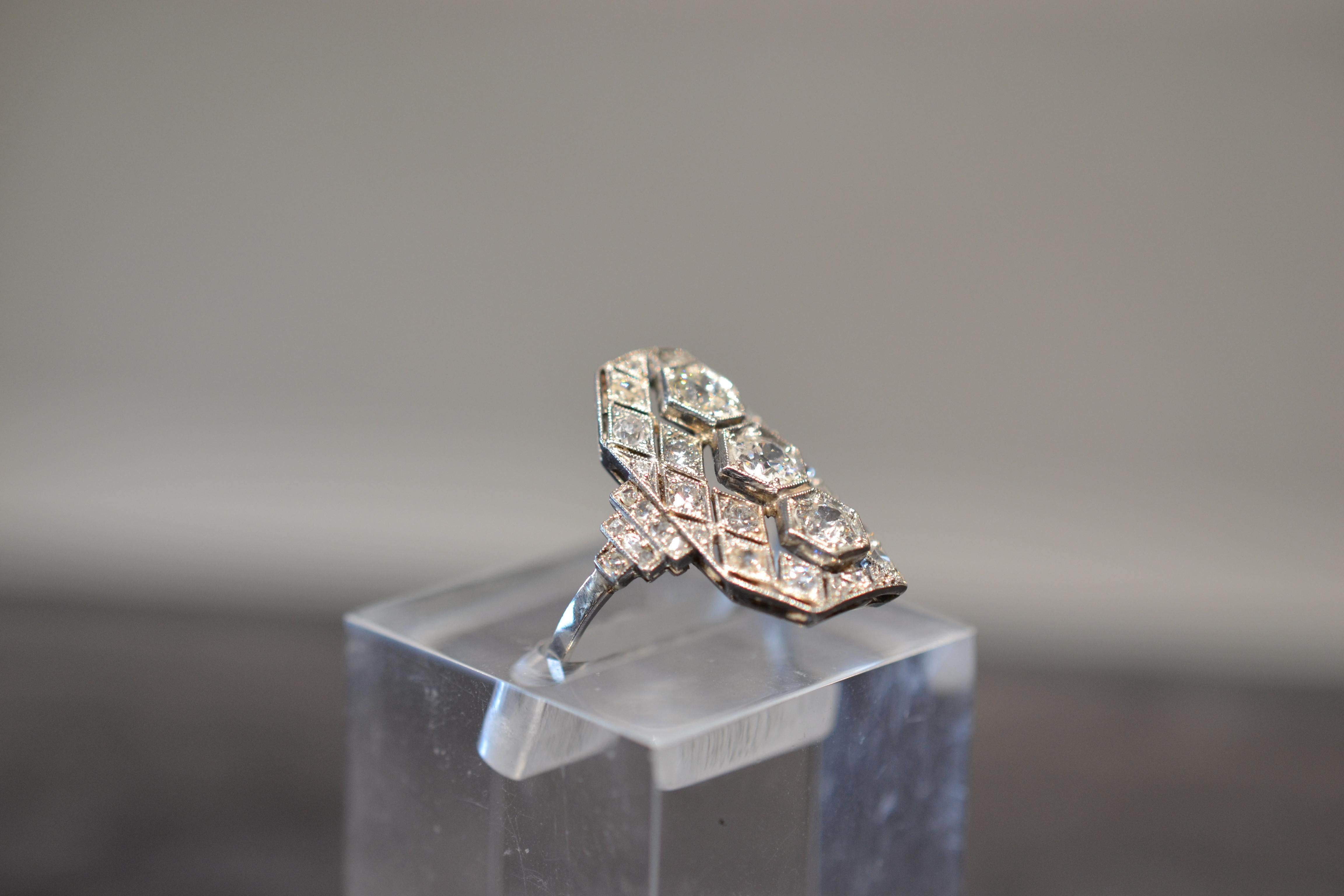 Art Deco Three-Stone Old European Diamond Engagement Ring 1
