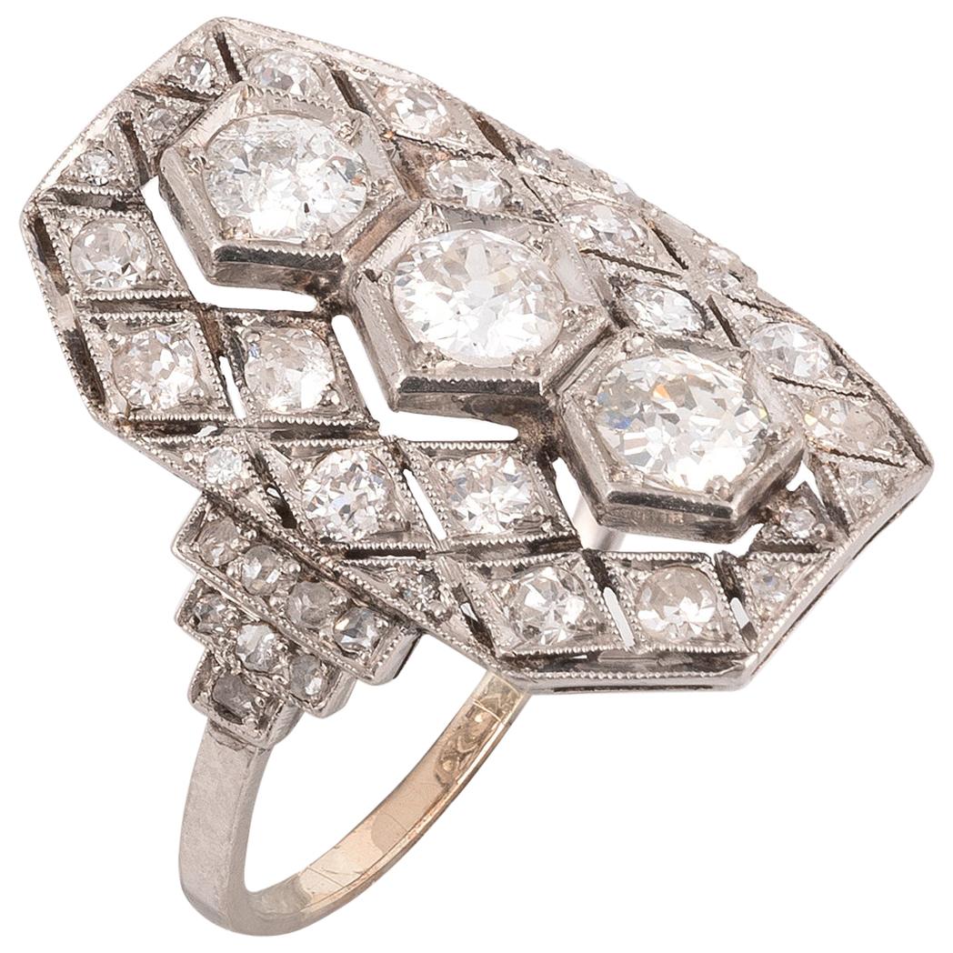 Art Deco Three-Stone Old European Diamond Engagement Ring