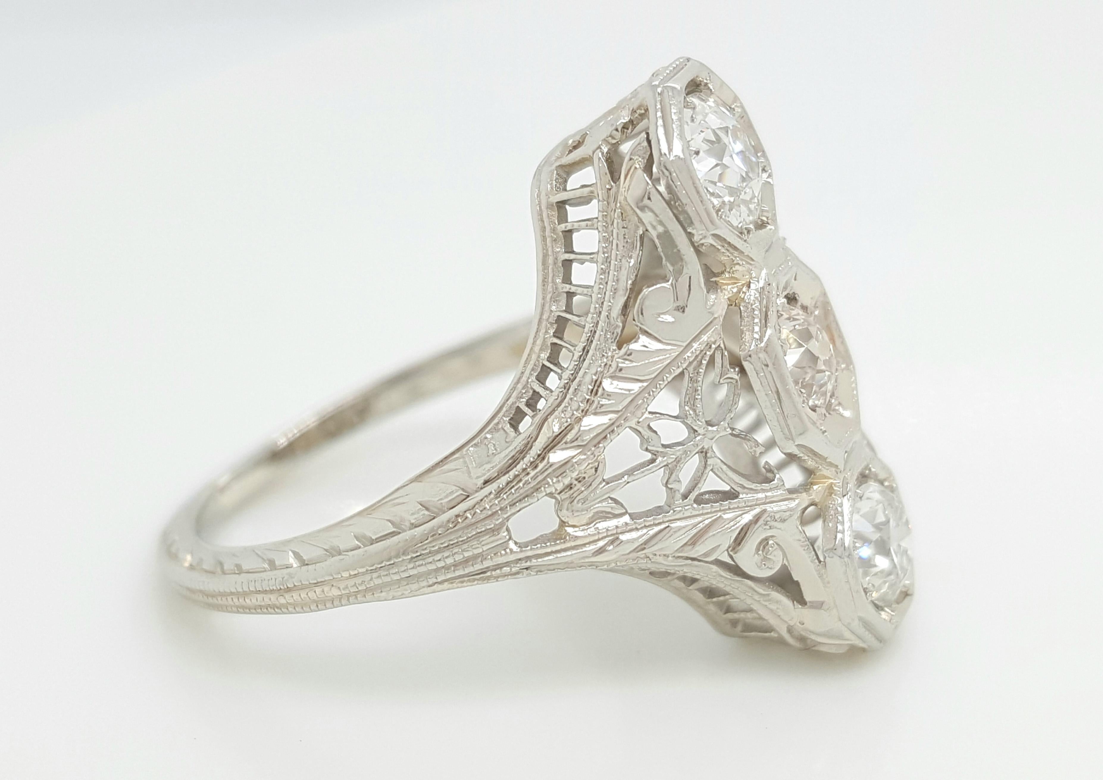 Old European Cut Art Deco Three-Stone Old European Diamond Filigree Engagement Ring, circa 1930s For Sale