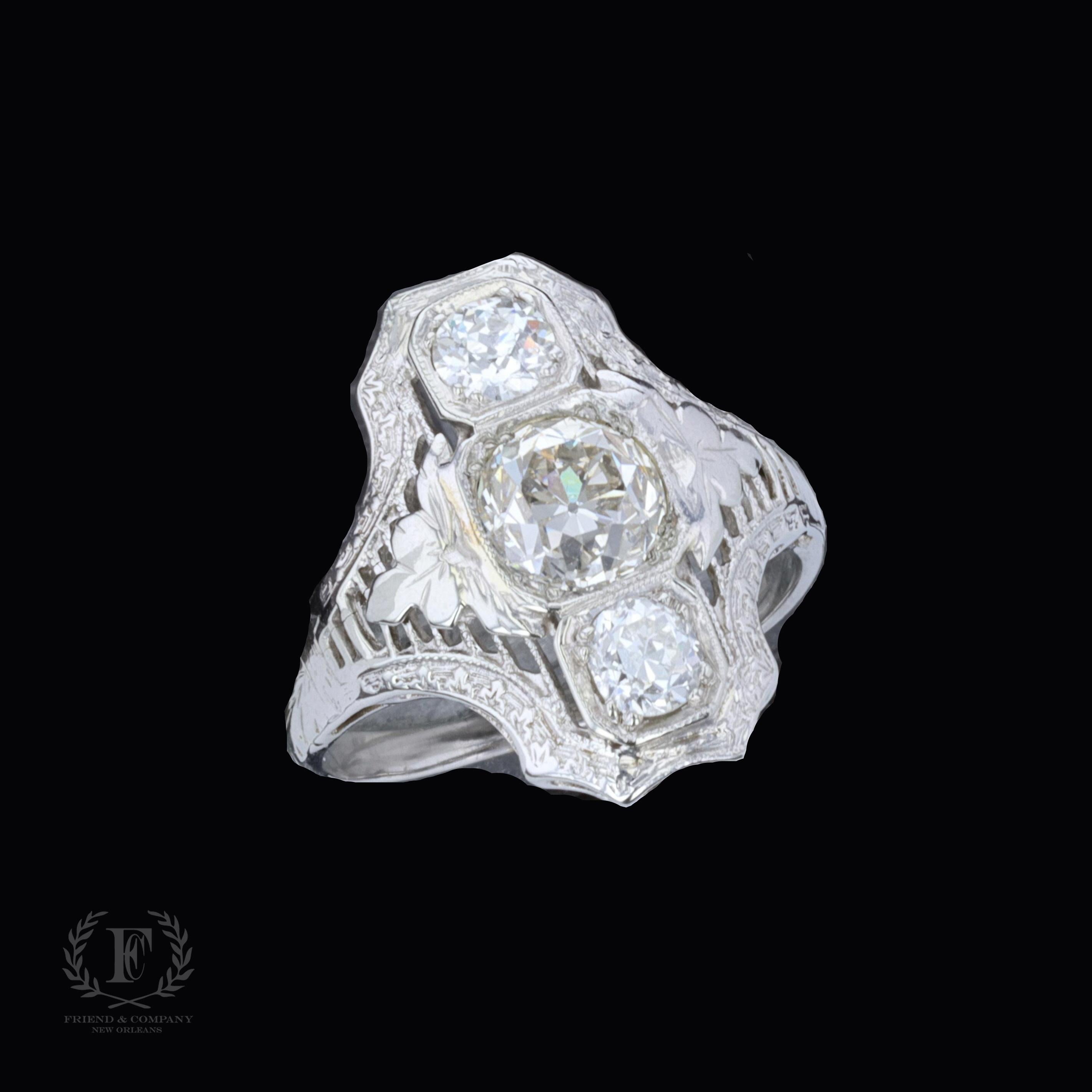 Old Mine Cut Art Deco Three-Stone Old Mine Diamond Ring  For Sale