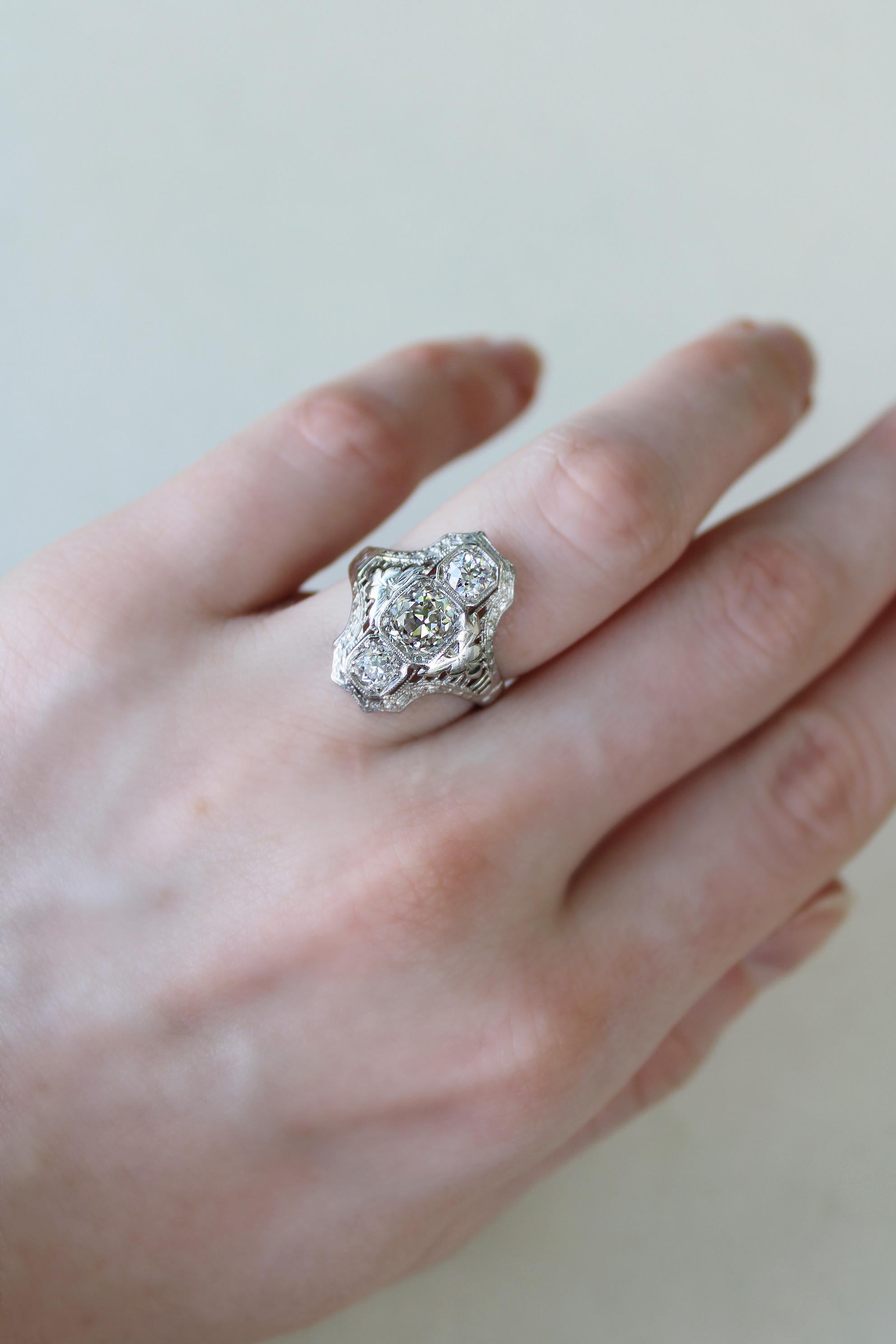 Women's Art Deco Three-Stone Old Mine Diamond Ring  For Sale