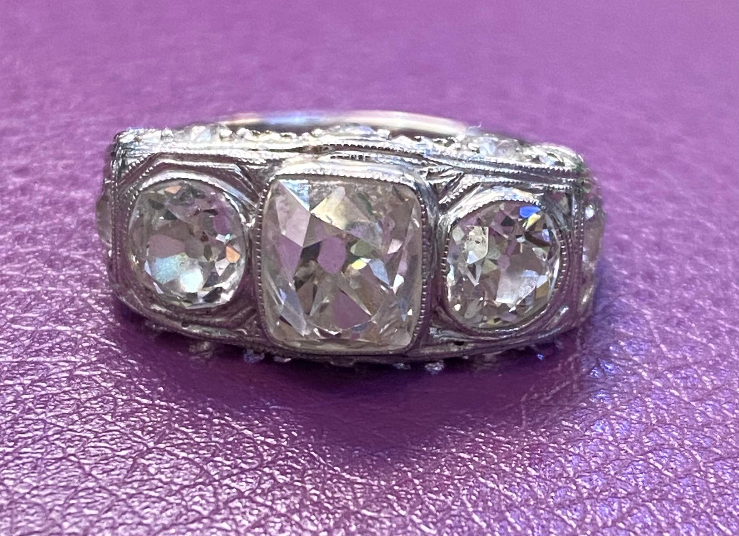 Art Deco Three Stone Old Mine Diamond Ring 1