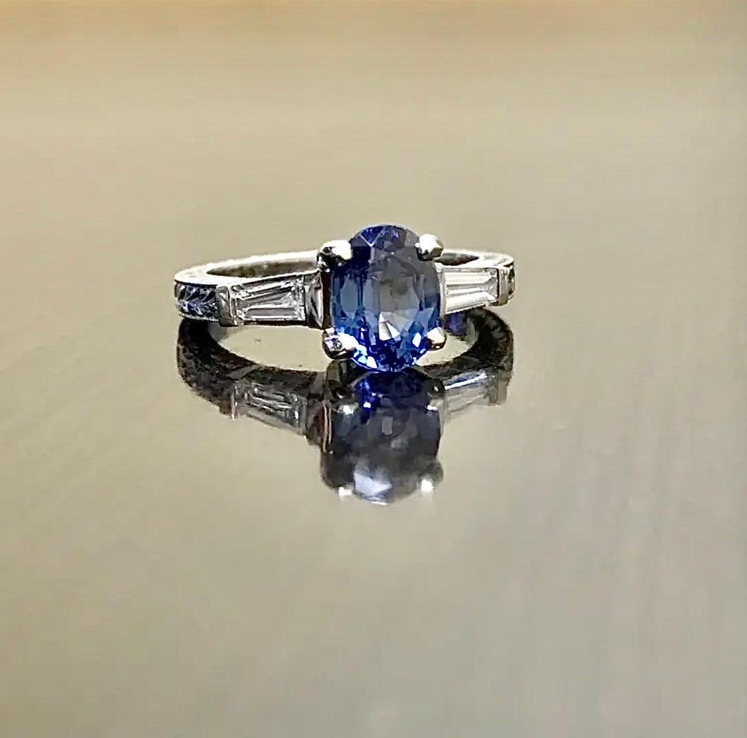 Art Deco Three Stone Platinum Ceylon Sapphire Diamond Engagement Ring For Sale 5