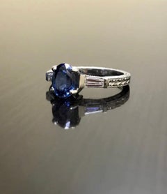 Art Deco Three Stone Platinum Ceylon Sapphire Diamond Engagement Ring