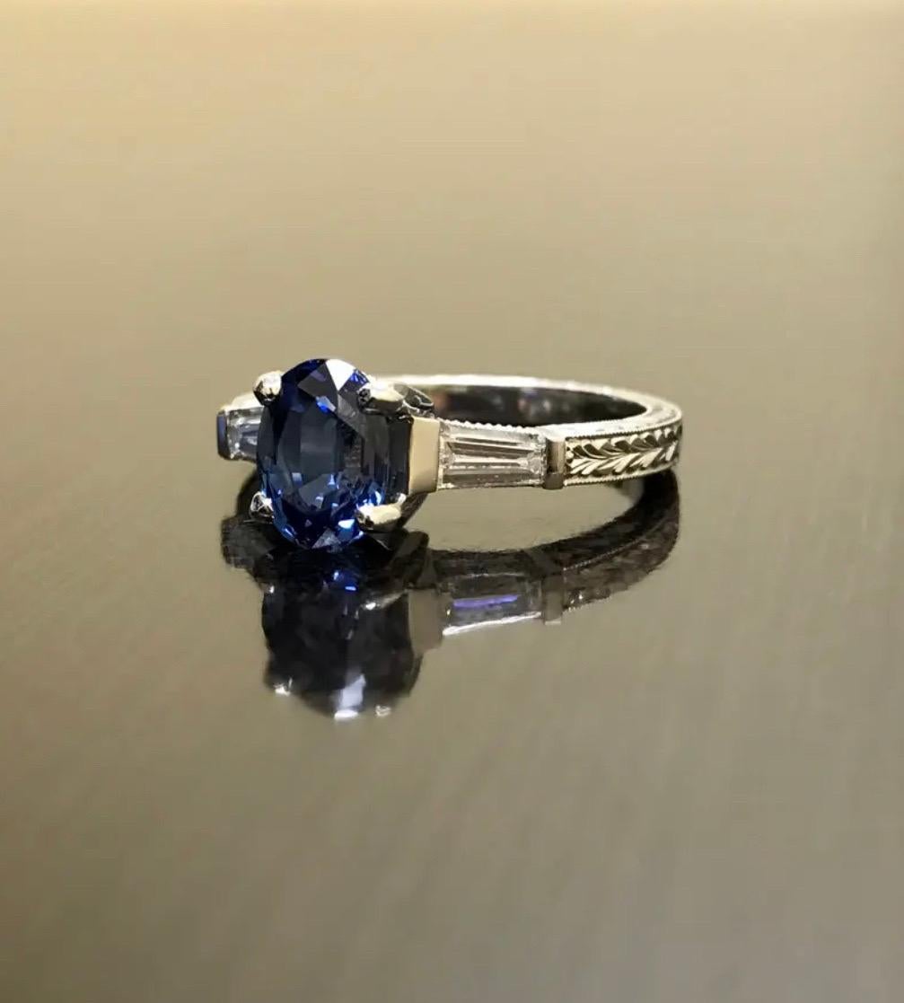 Oval Cut Art Deco Three Stone Platinum Ceylon Sapphire Diamond Engagement Ring For Sale