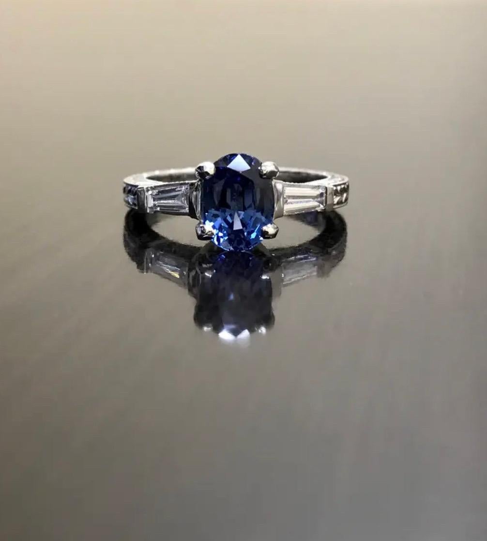 Art Deco Three Stone Platinum Ceylon Sapphire Diamond Engagement Ring In New Condition For Sale In Los Angeles, CA