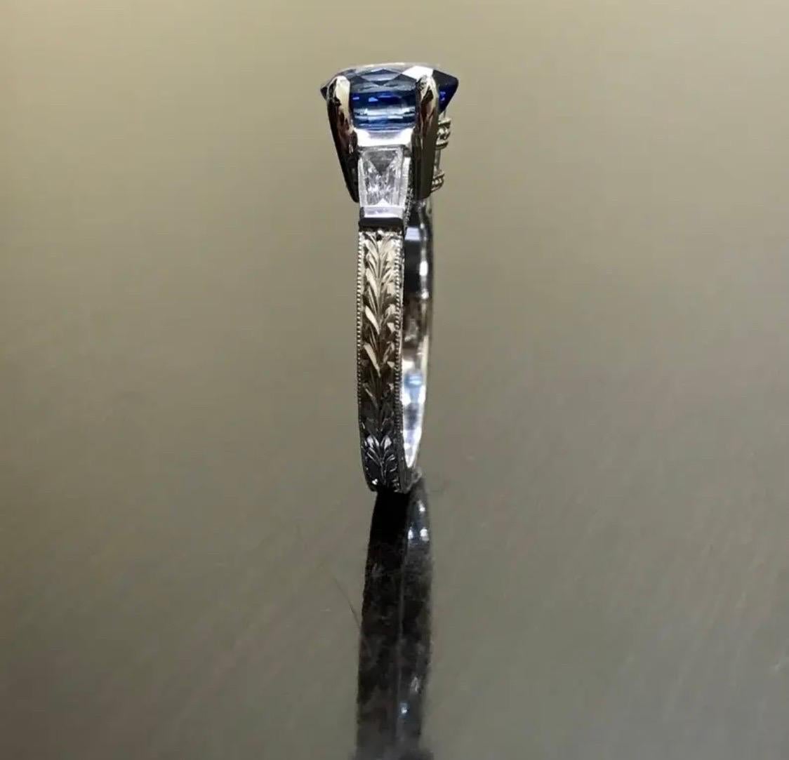 Art Deco Three Stone Platinum Ceylon Sapphire Diamond Engagement Ring For Sale 1