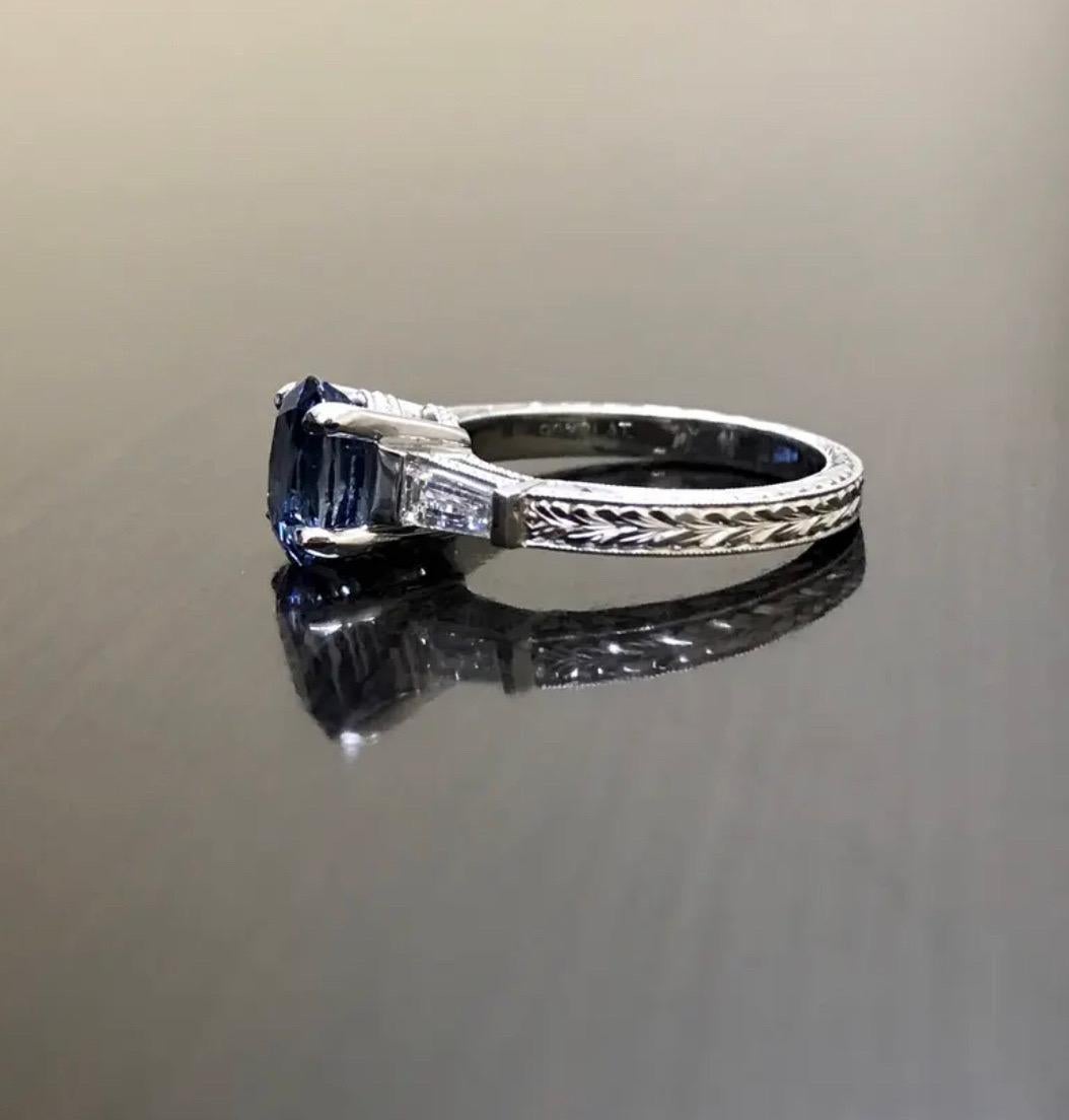 Art Deco Three Stone Platinum Ceylon Sapphire Diamond Engagement Ring For Sale 2