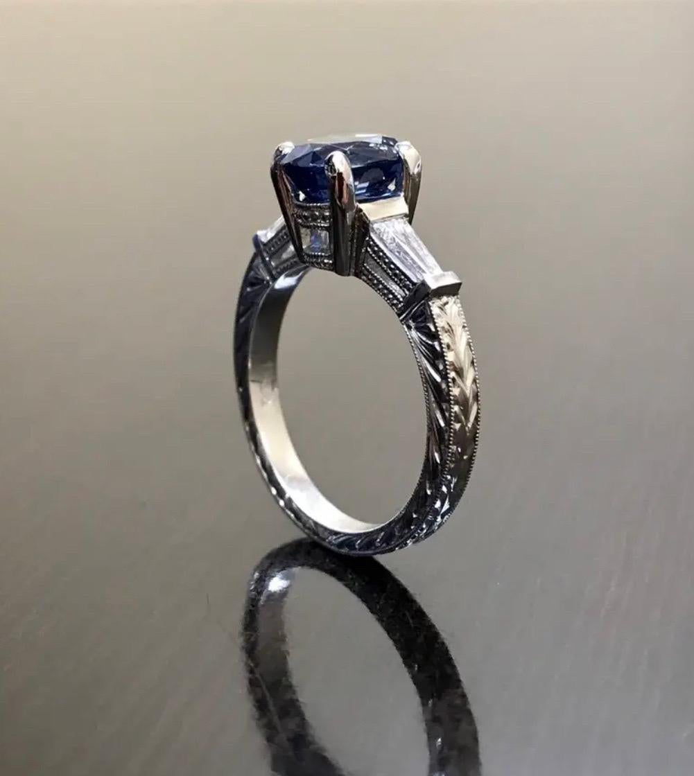 Art Deco Three Stone Platinum Ceylon Sapphire Diamond Engagement Ring For Sale 3