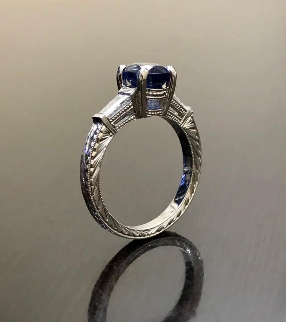 Art Deco Three Stone Platinum Ceylon Sapphire Diamond Engagement Ring For Sale 4