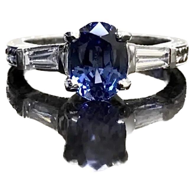 Art Deco Three Stone Platinum Ceylon Sapphire Diamond Engagement Ring
